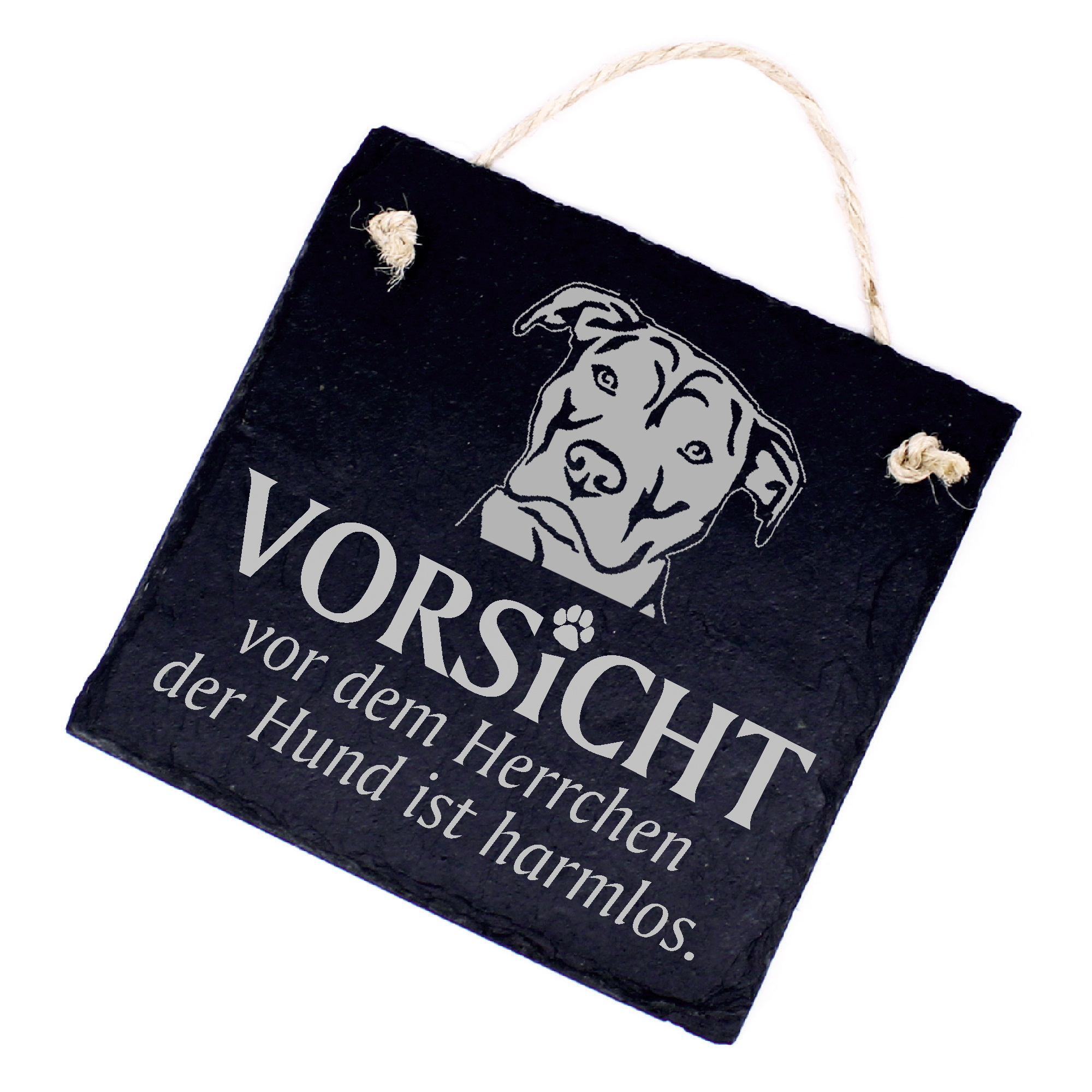Hundeschild American Stafford Terrier Schild aus Schiefer - Vorsicht vor dem Herrchen - 11cm x 11cm