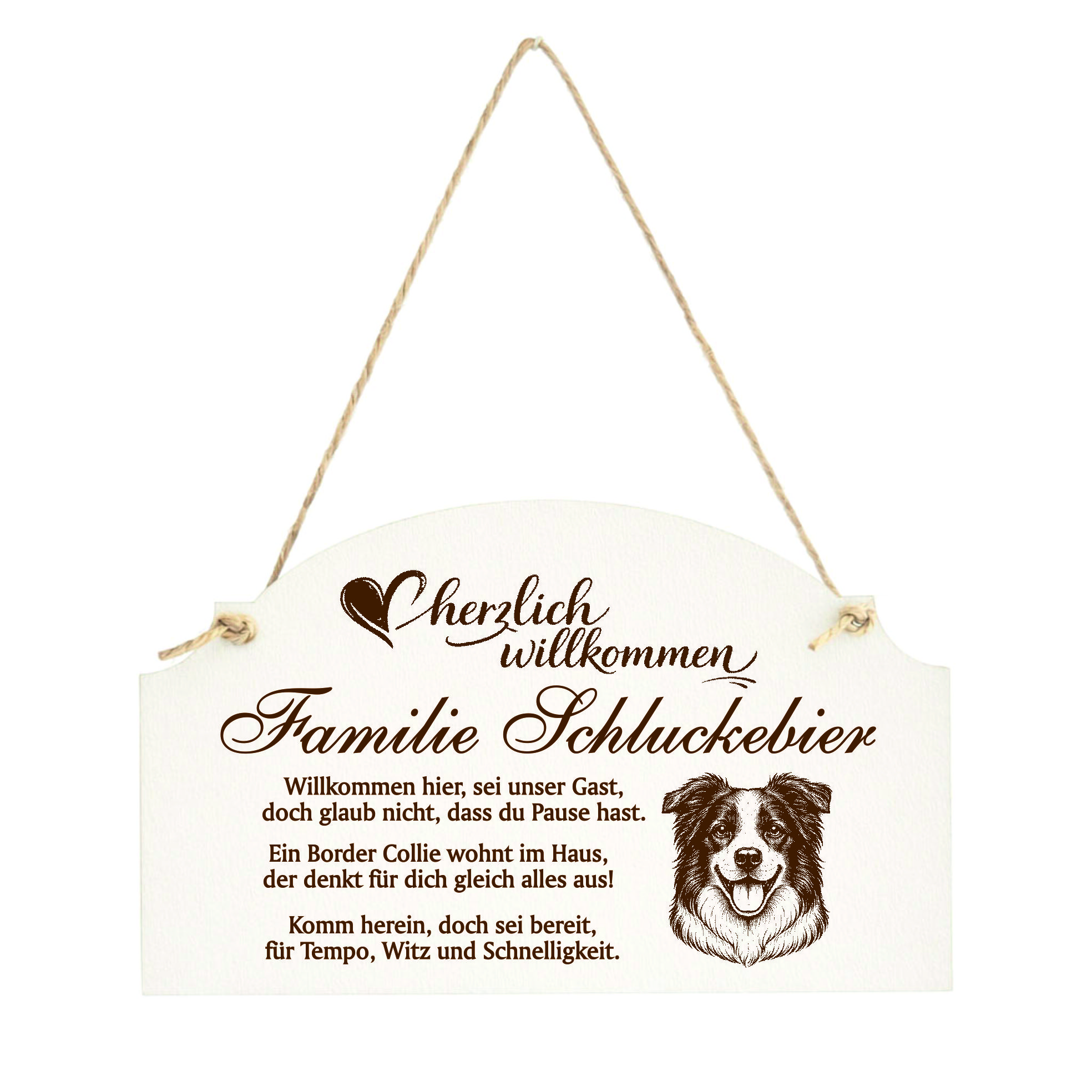 Willkommensschild Border Collie personalisiert - Haustürschild mit Hundespruch - 14 x 8,5 cm