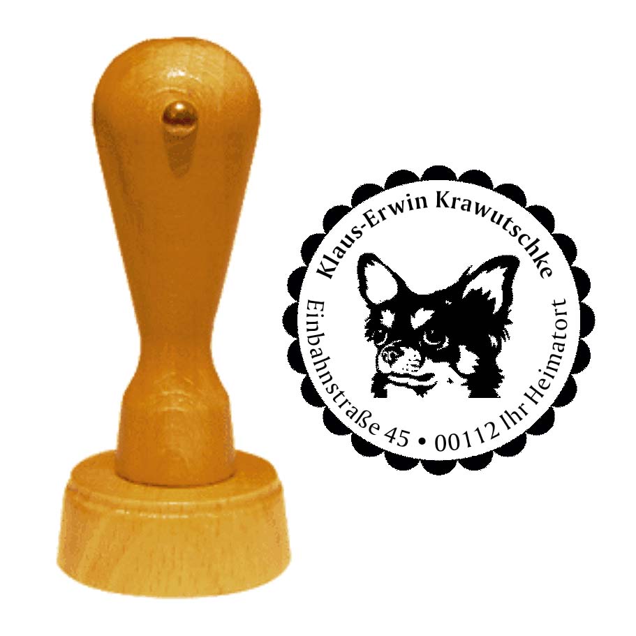 Adressstempel Chihuahua Langhaar -  Holzstempel personalisiert mit Adresse - Ø 40 mm
