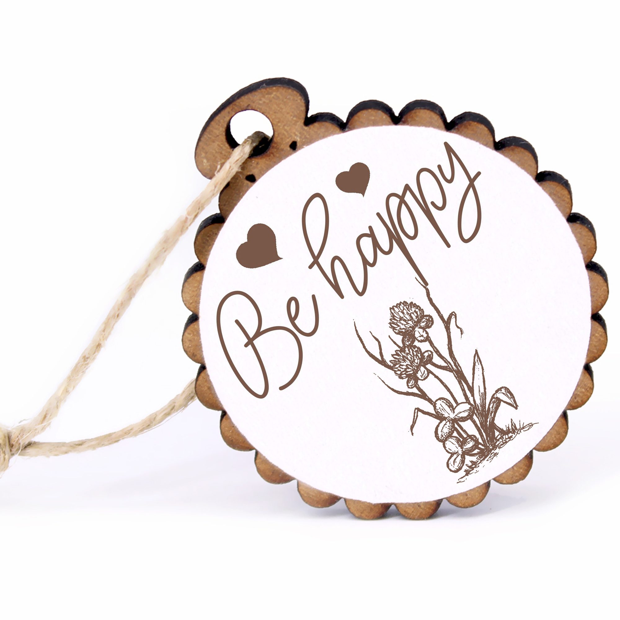 Geschenkanhänger - Be Happy Kleeblume -  Holz Ø-5cm - mit Juteband