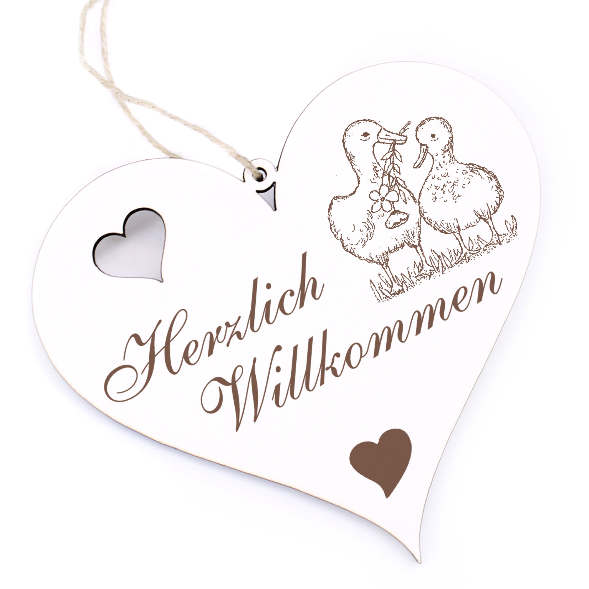 Herzlich Willkommen Schild - Entenpaar - Deko Herz Holz
