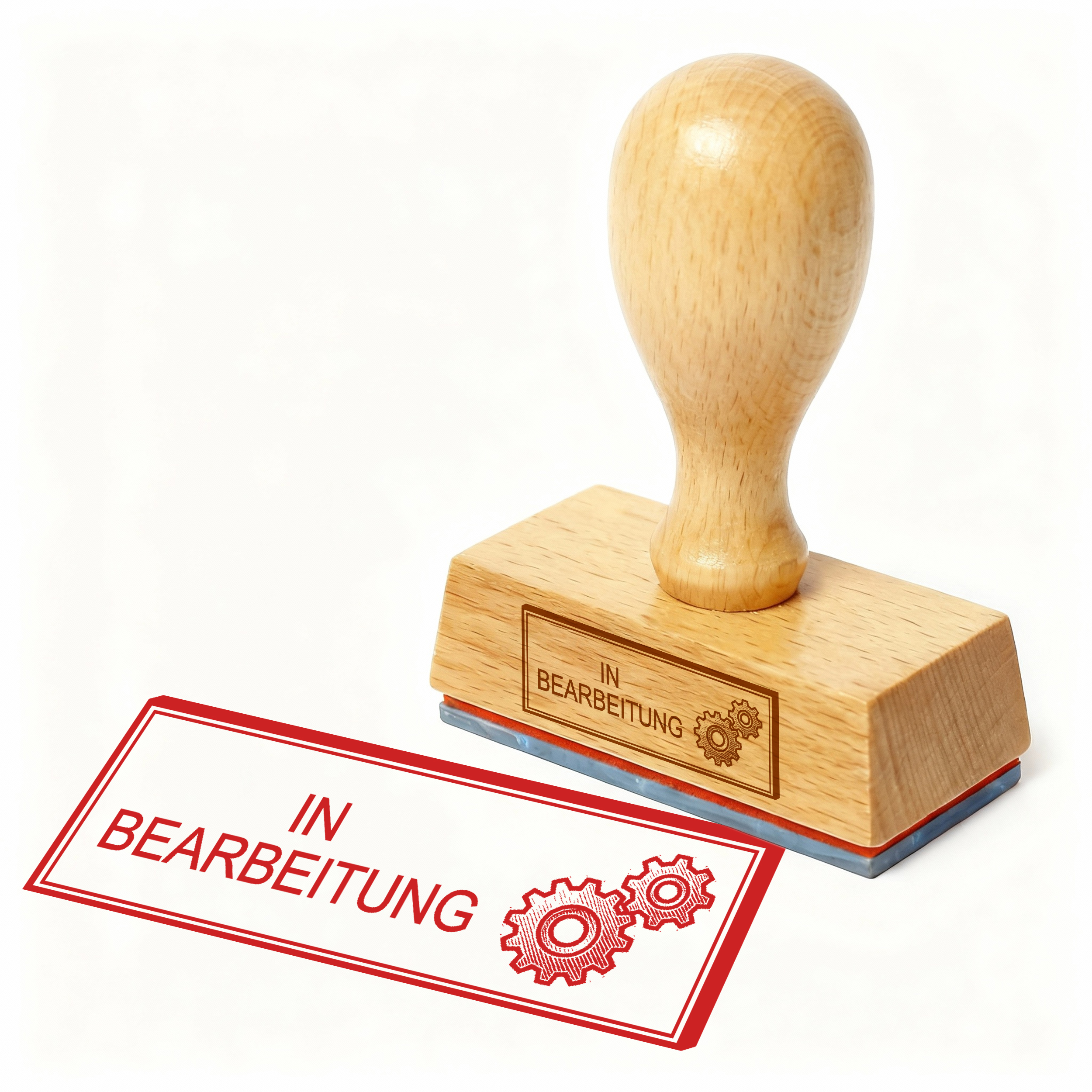 Bürostempel IN BEARBEITUNG Zahnräder Stempel – Holzstempel 48x18 mm für Dokumente - läuft, in Arbeit, wird bearbeitet