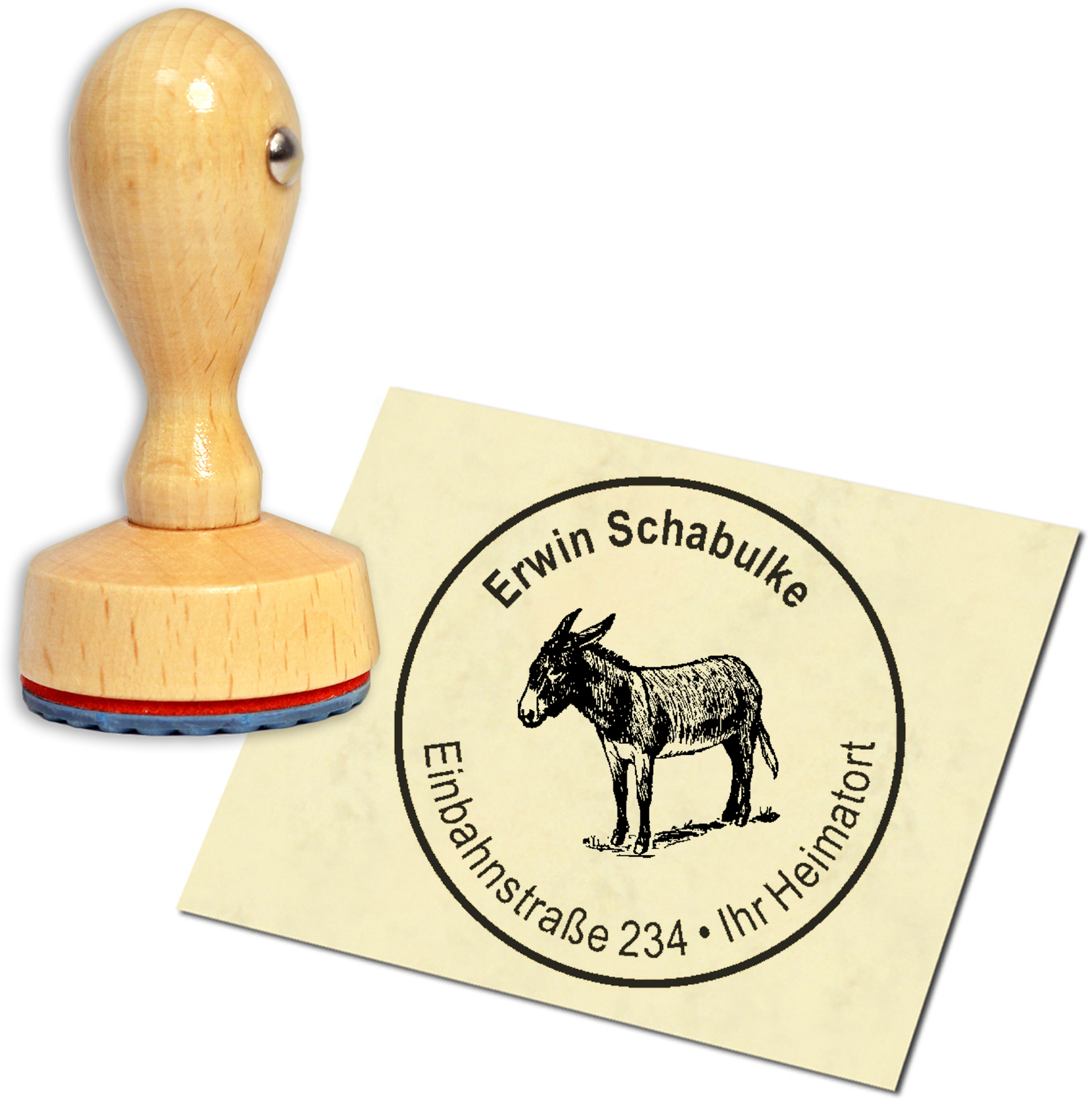 Stempel Adressstempel Holzstempel - Esel - rund 40mm