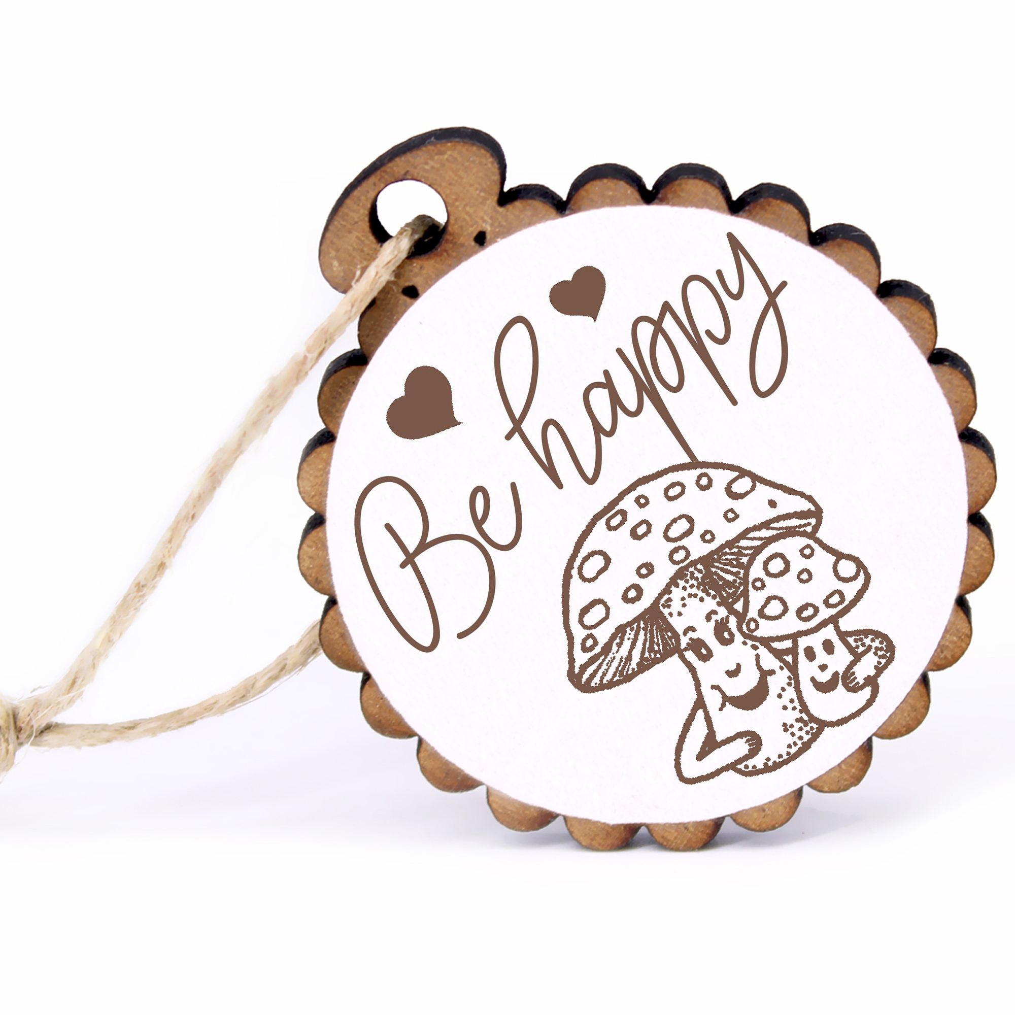 Geschenkanhänger - Be Happy Pilz mit Gesicht -  Holz Ø-5cm - mit Juteband