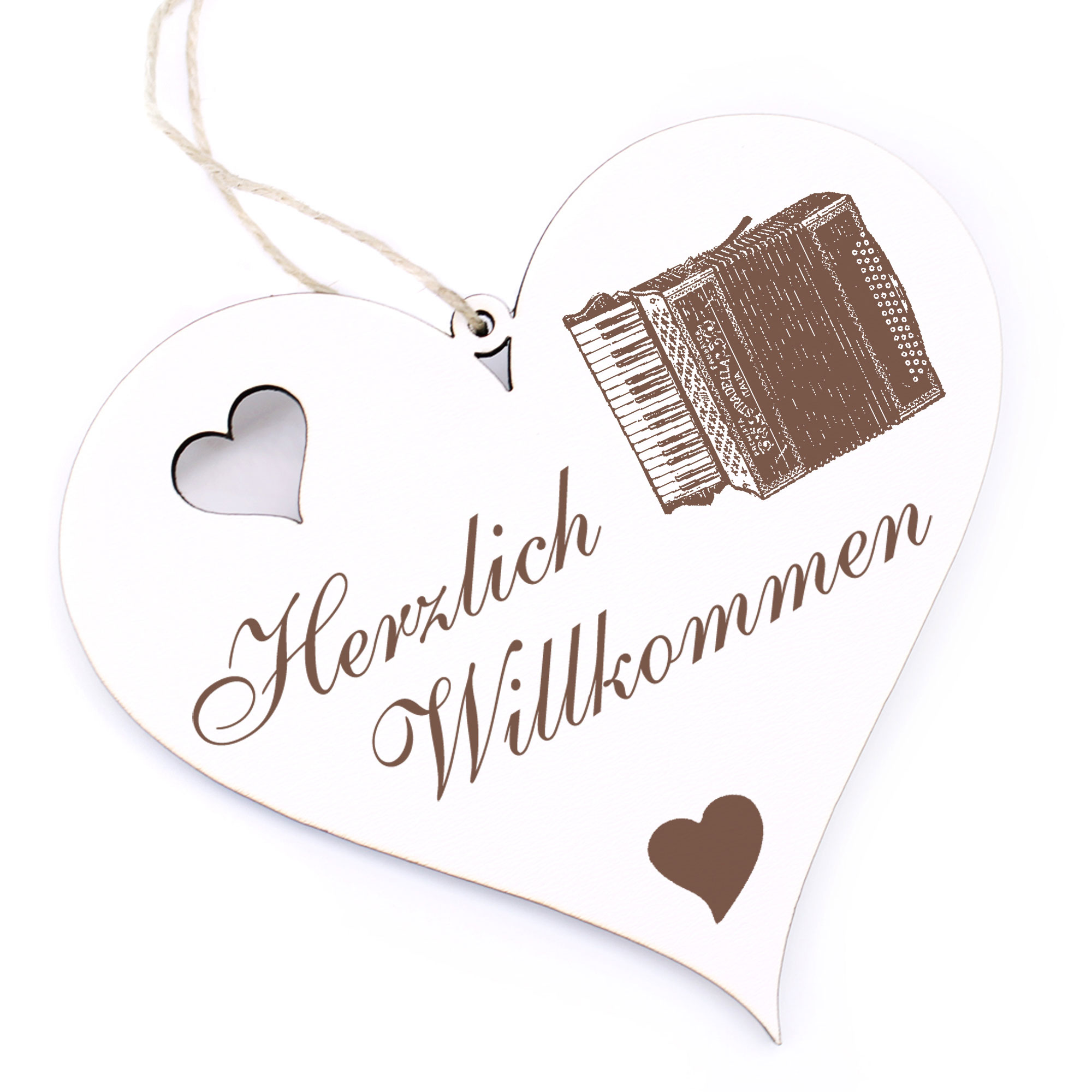 Herzlich Willkommen Schild - Akkordeon Ziehharmonika - Deko Herz Holz