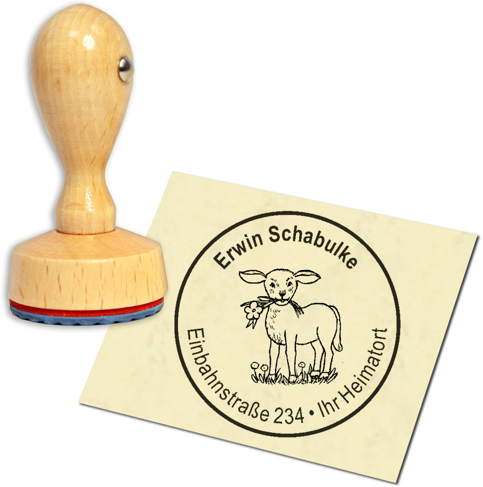 Stempel Adressstempel Holzstempel - Lamm mit Blume - rund 40mm