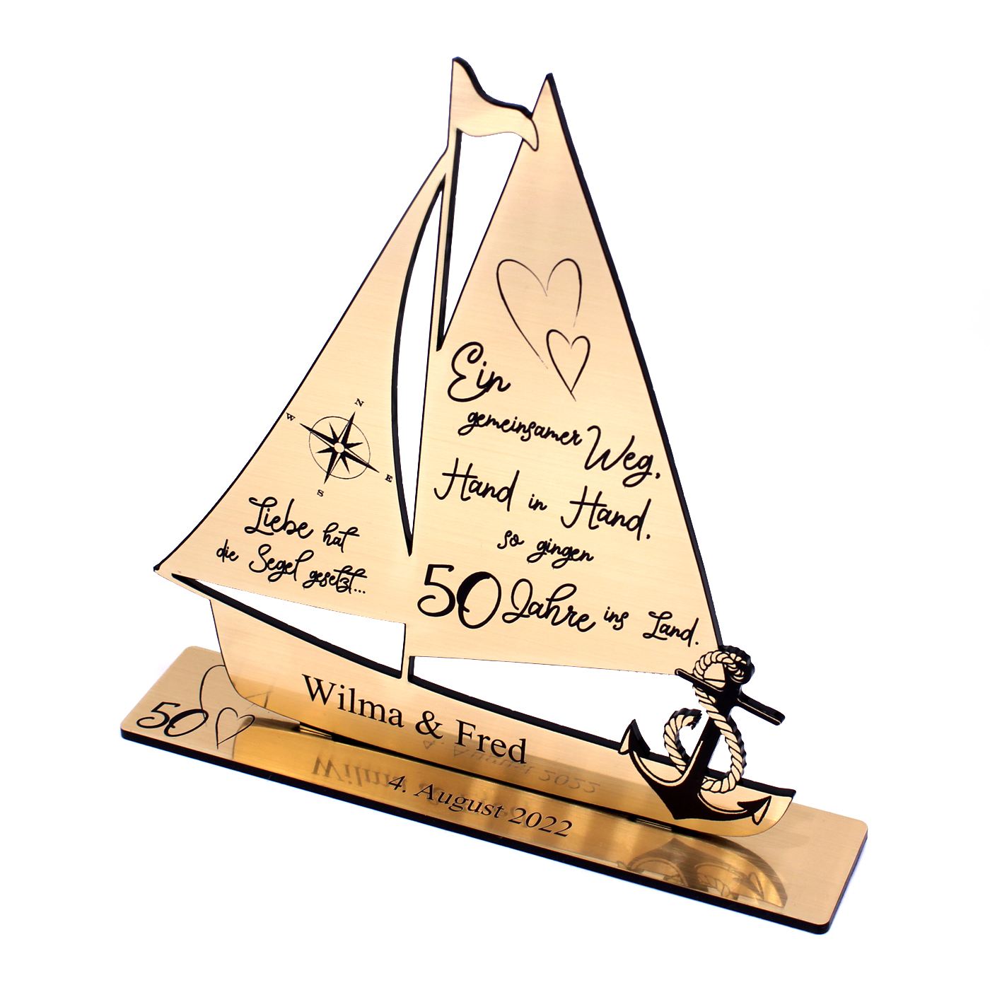 Goldene Hochzeit Deko Hochzeitstag 50 Jahre Jubiläum personalisiert Holz Aufsteller Schiff Gold Optik