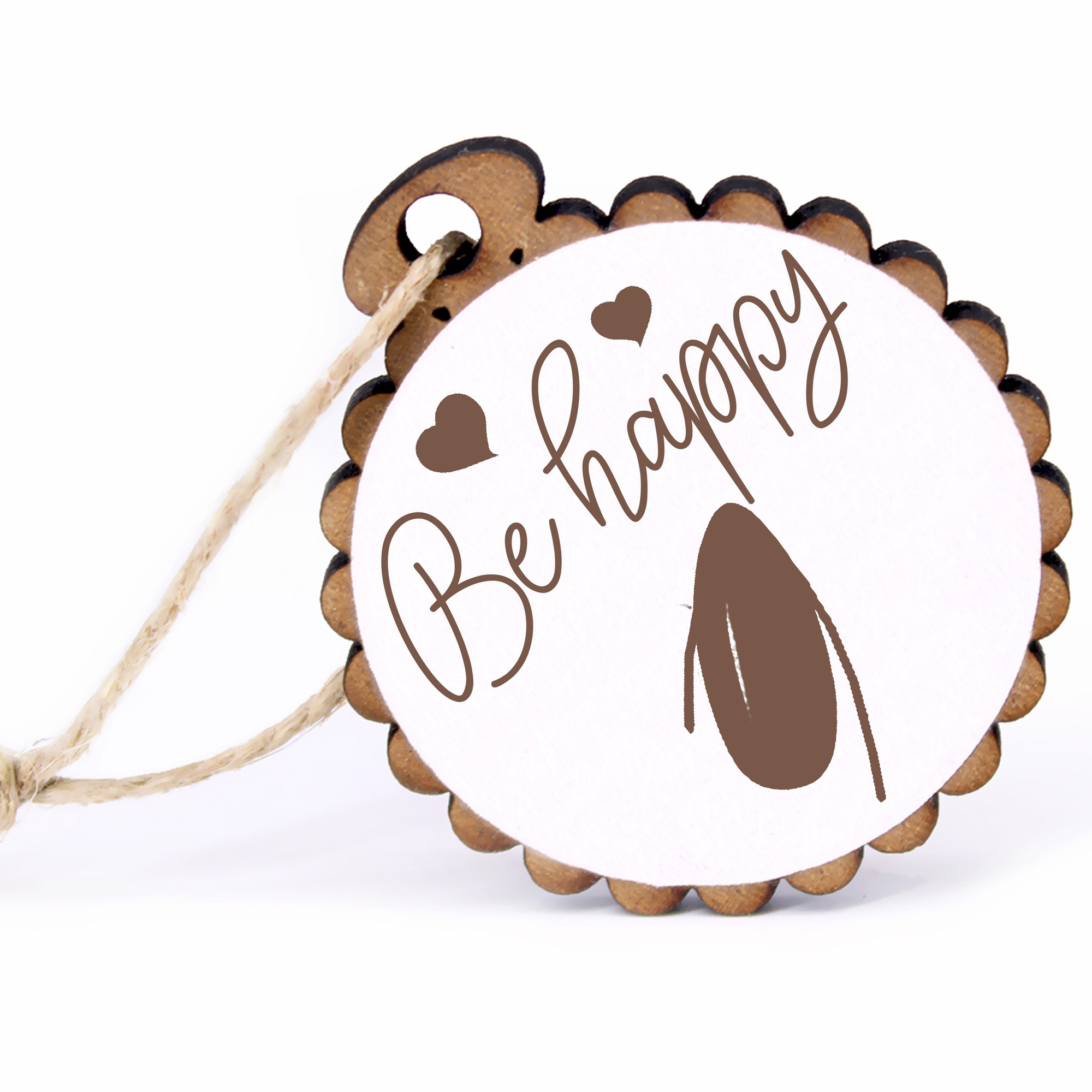 Geschenkanhänger - Be Happy Fingernagel -  Holz Ø-5cm - mit Juteband