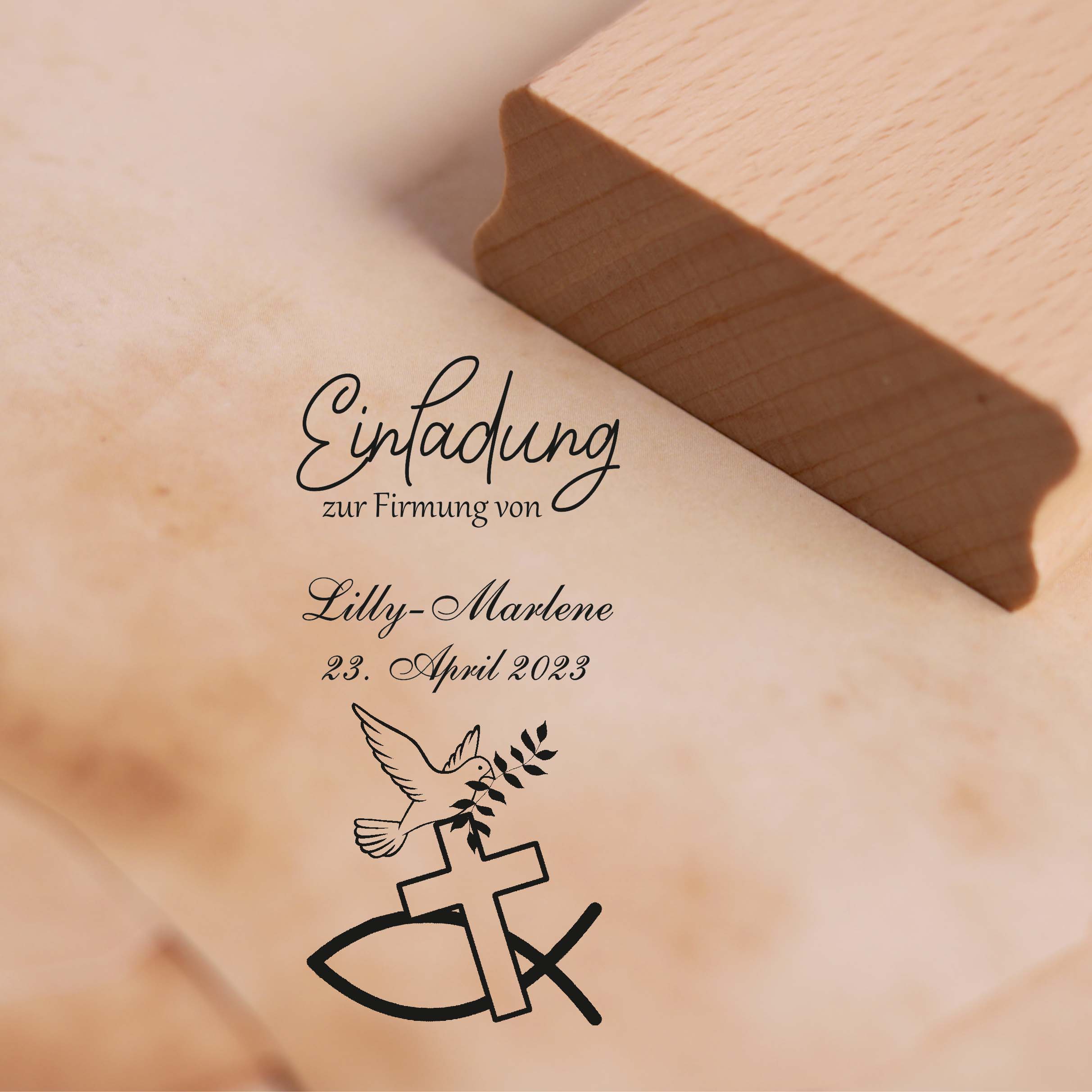 Stempel Einladung zur Firmung von - mit Name und Datum - Christenfisch Taube Kreuz 28x58mm