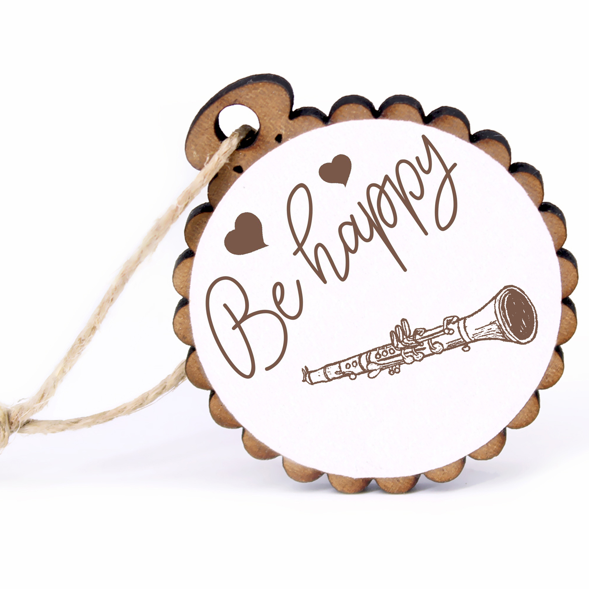 Geschenkanhänger - Be Happy Klarinette -  Holz Ø-5cm - mit Juteband