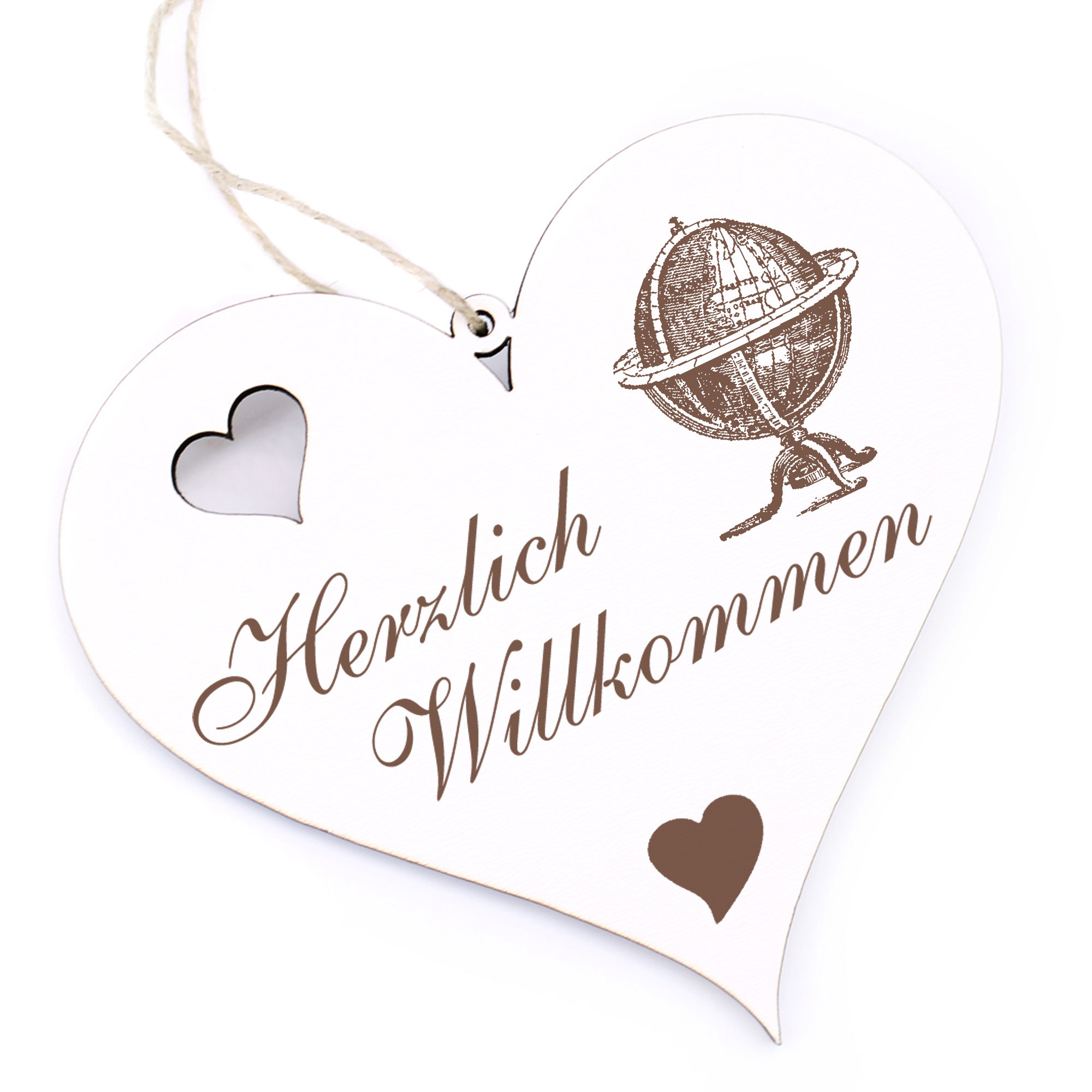 Herzlich Willkommen Schild - antiker Globus - Deko Herz Holz