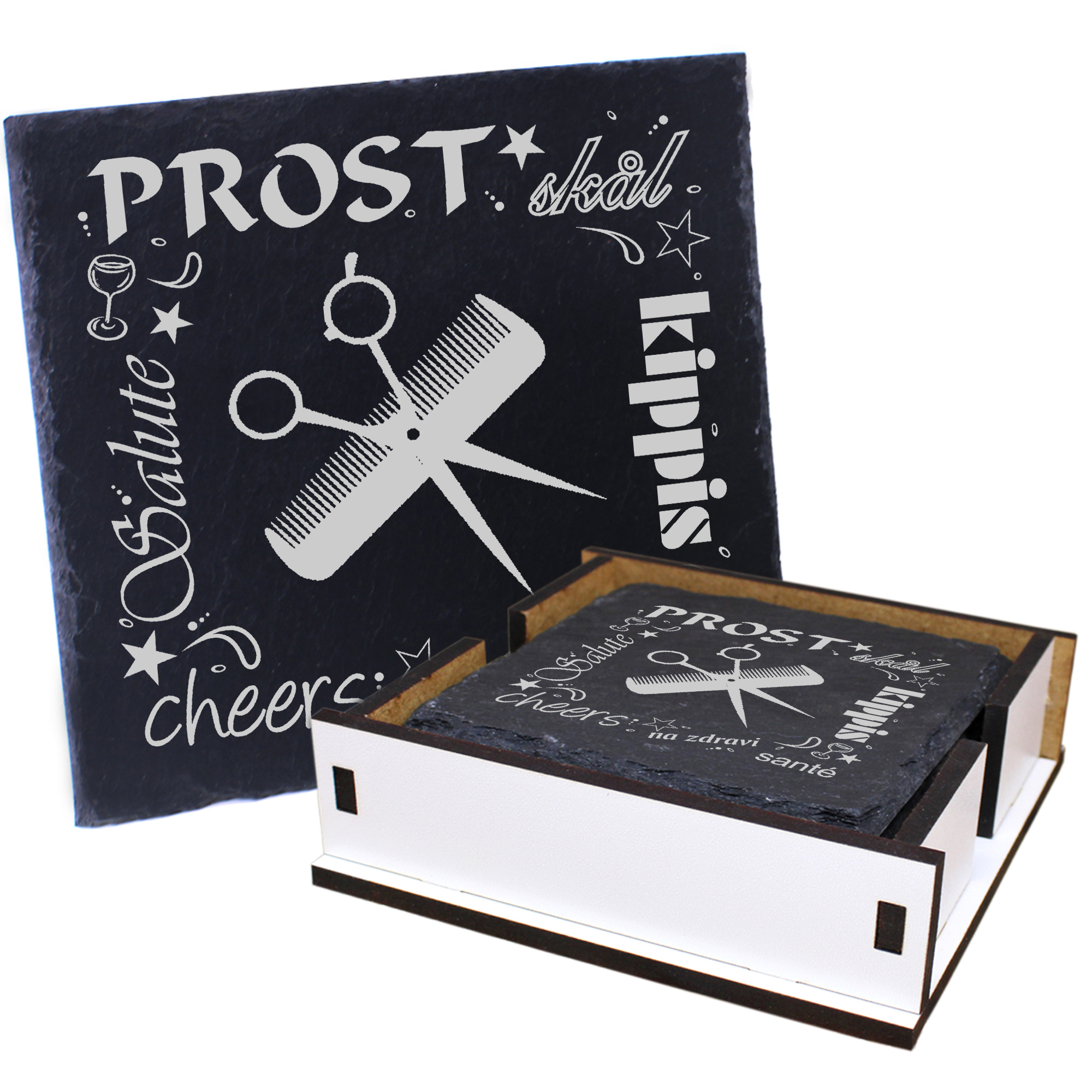 5 x Schiefer Untersetzer - Prost Schere und Kamm - inkl. Holzbox & Flaschenuntersetzer
