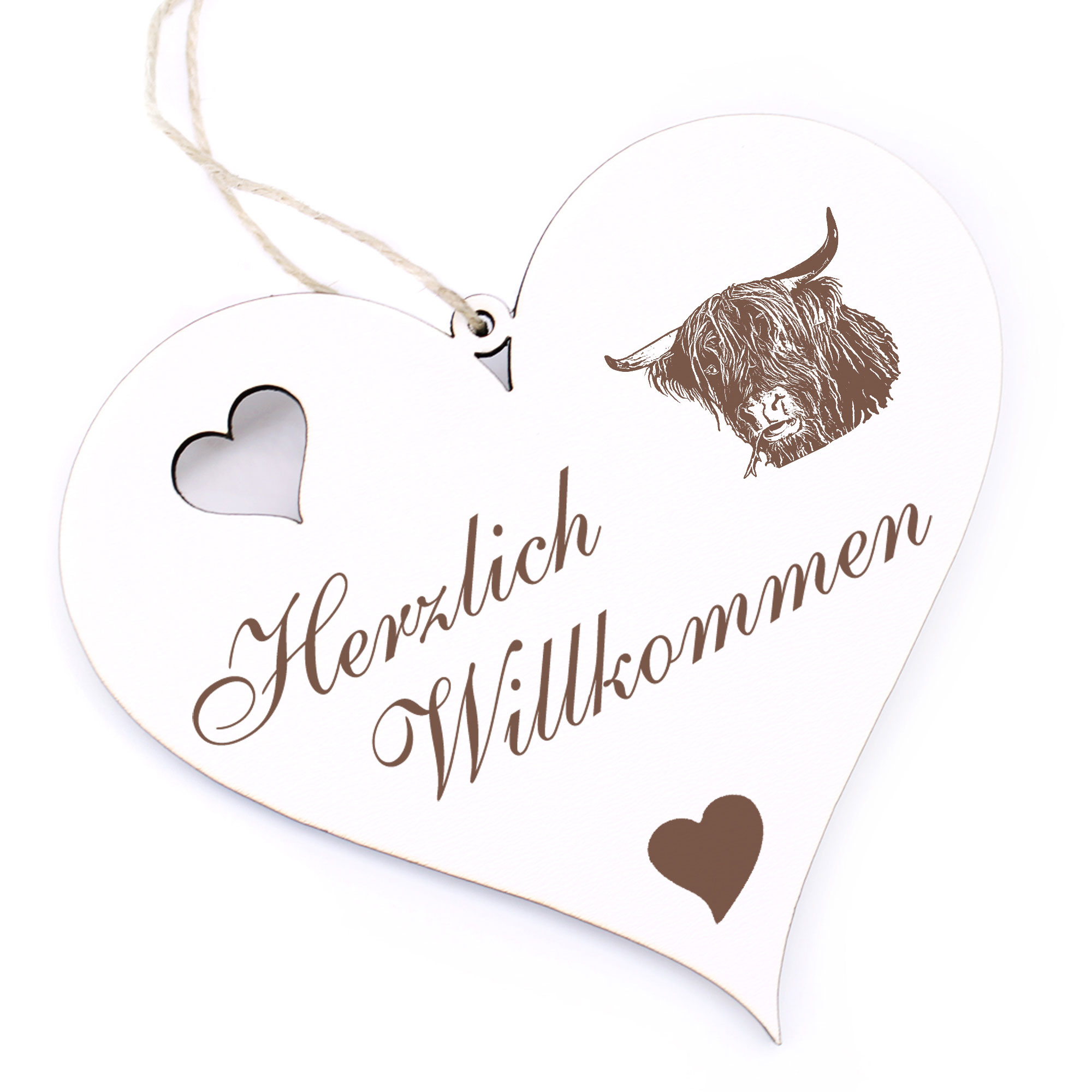 Herzlich Willkommen Schild - Galloway Rind - Deko Herz Holz