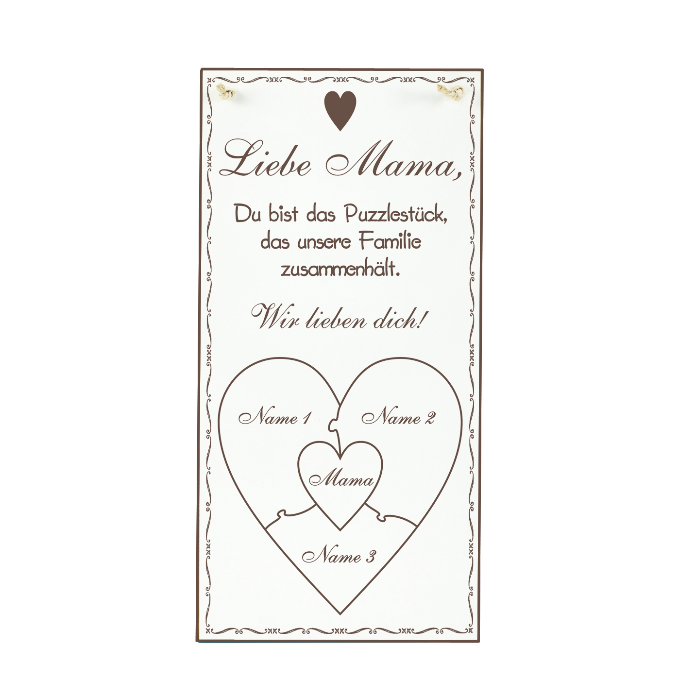 Personalisiertes Holzschild Muttertag - mit 3 Namen der Kinder - Puzzle Herz Motiv 10 x 20 cm