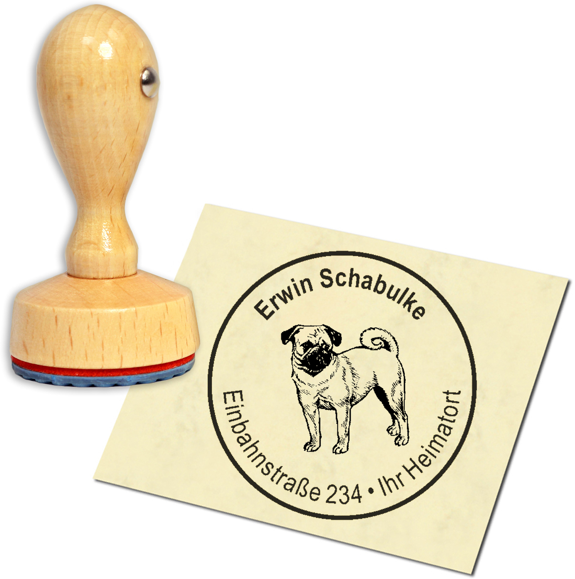 Stempel Adressstempel Holzstempel - Mops - rund 40mm