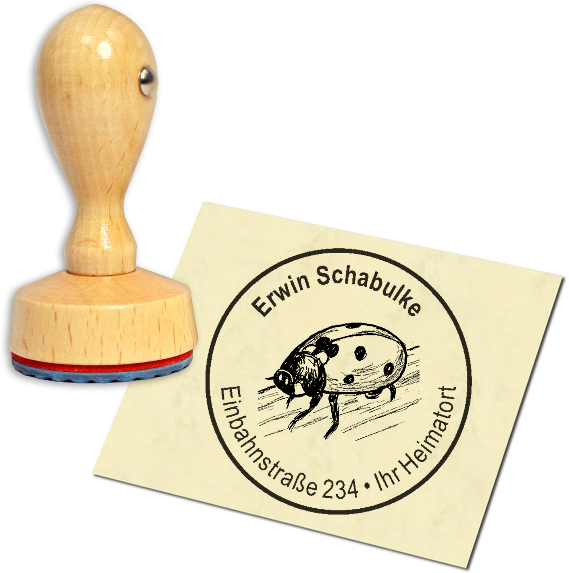 Stempel Adressstempel Holzstempel - Marienkäfer - rund 40mm