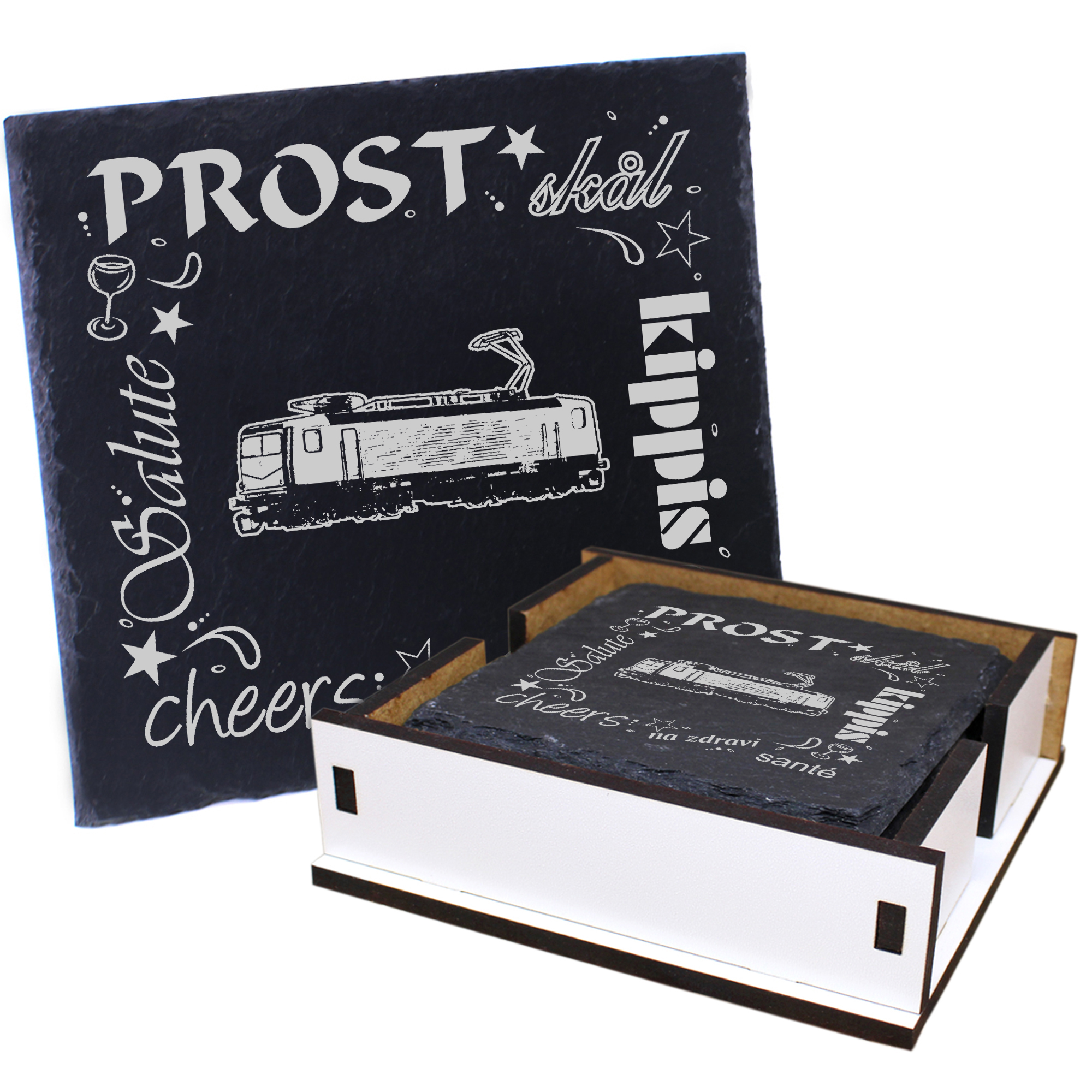 5 x Schiefer Untersetzer - Prost Lok - inkl. Holzbox & Flaschenuntersetzer