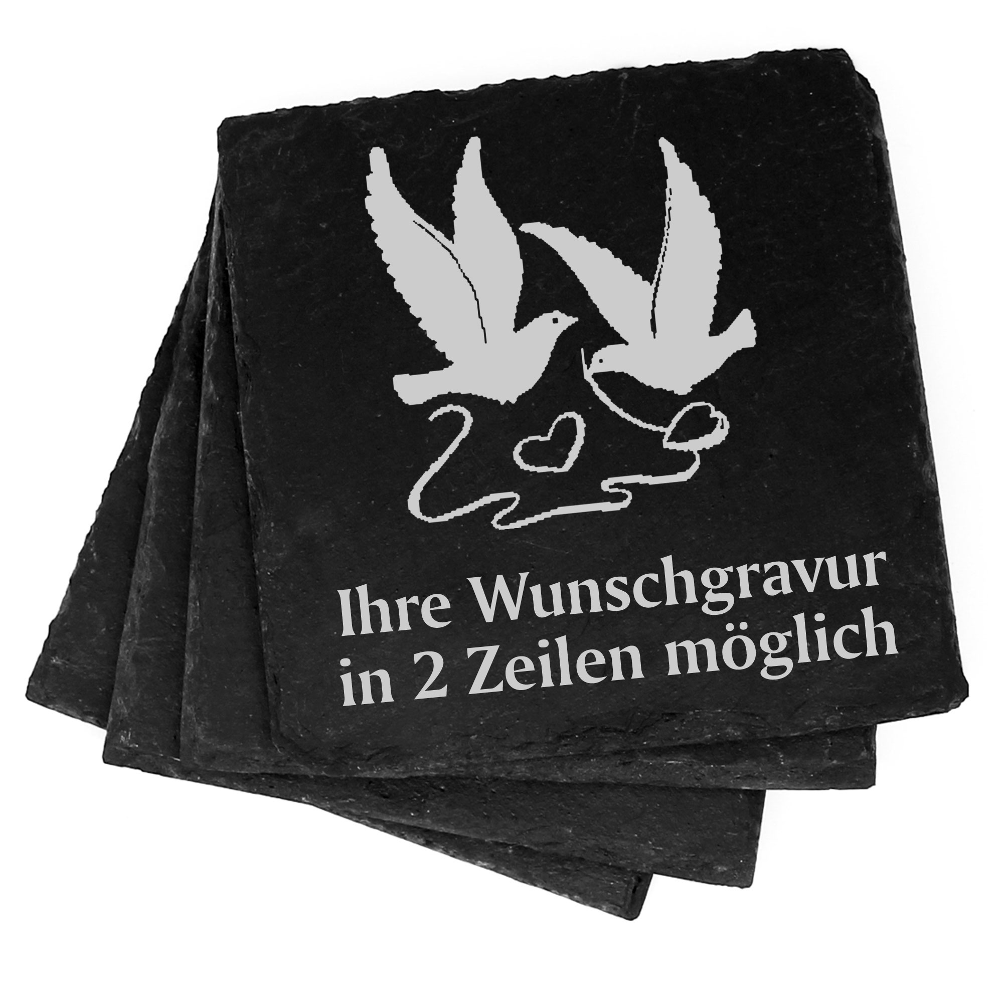 4x Hochzeitstauben Deko Schiefer Untersetzer Wunschgravur Set - 11 x 11 cm
