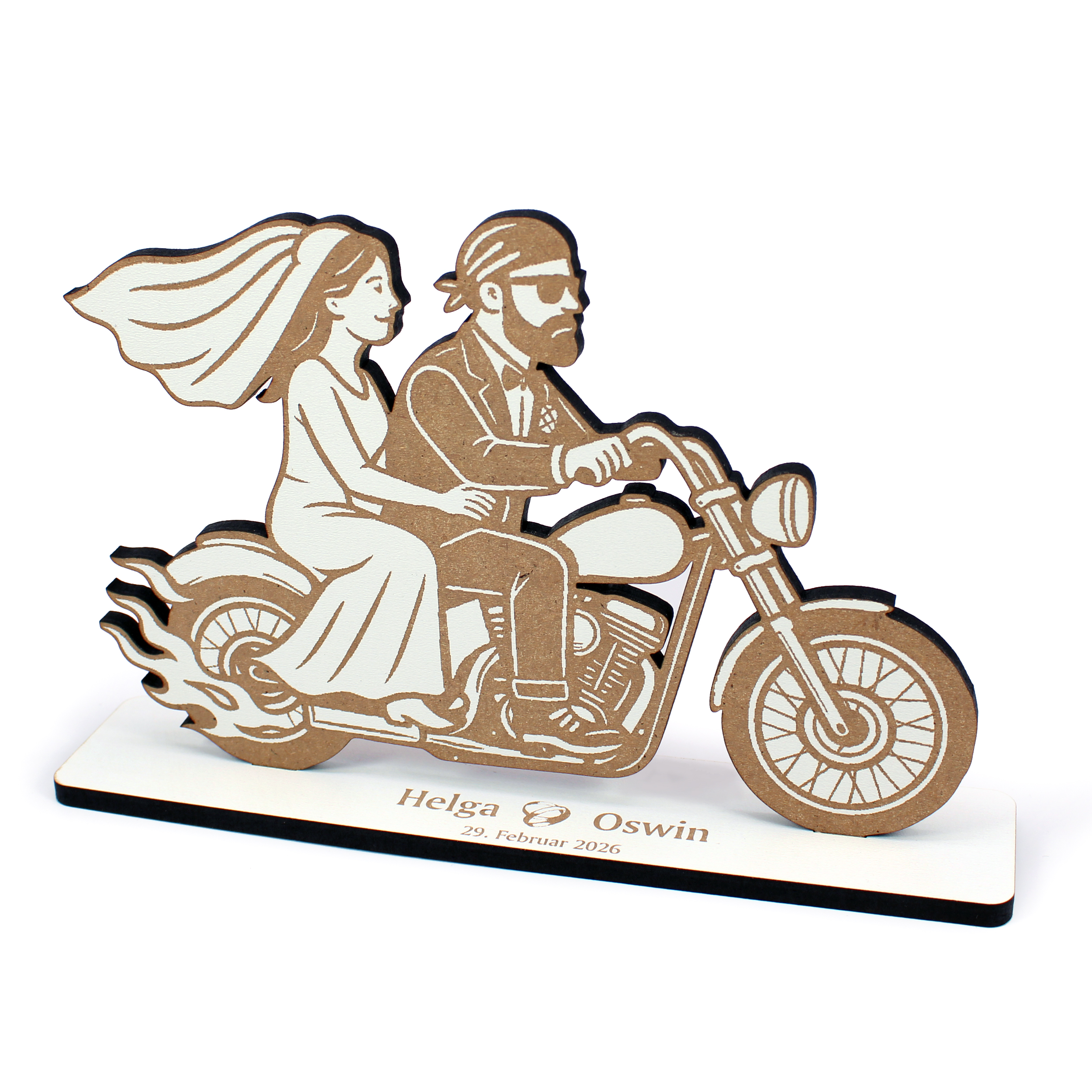 Geldgeschenk Aufsteller „Biker Hochzeit“ – HDF Dekoaufsteller mit Hochzeitspaar auf Motorrad – weiß mit brauner Gravur, 19×13 cm