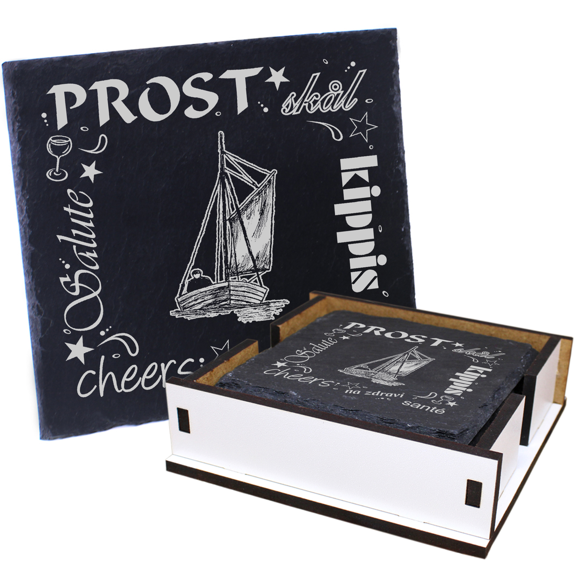 5 x Schiefer Untersetzer - Prost Zeesenboot - inkl. Holzbox & Flaschenuntersetzer