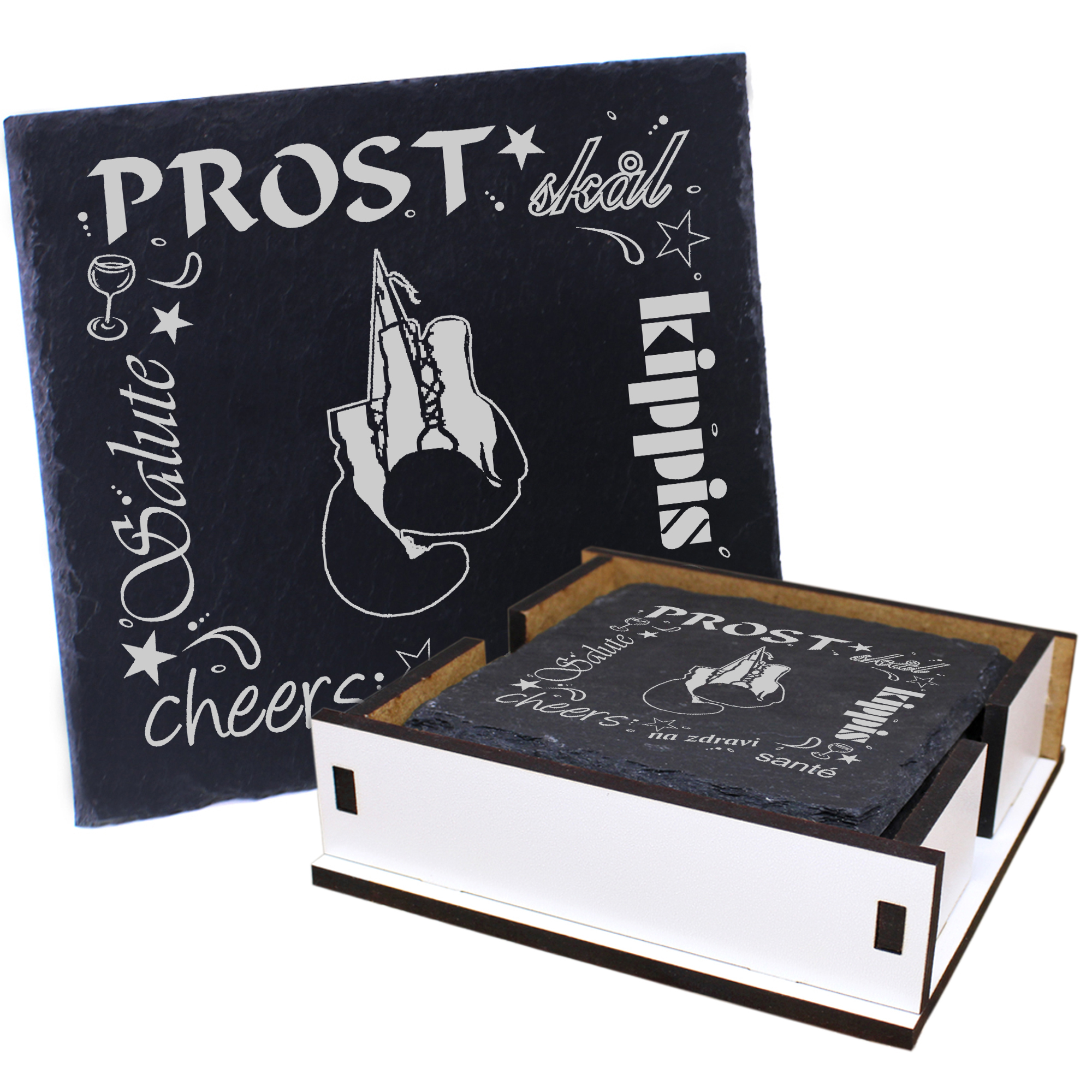 5 x Schiefer Untersetzer - Prost Boxhandschuhe - inkl. Holzbox & Flaschenuntersetzer