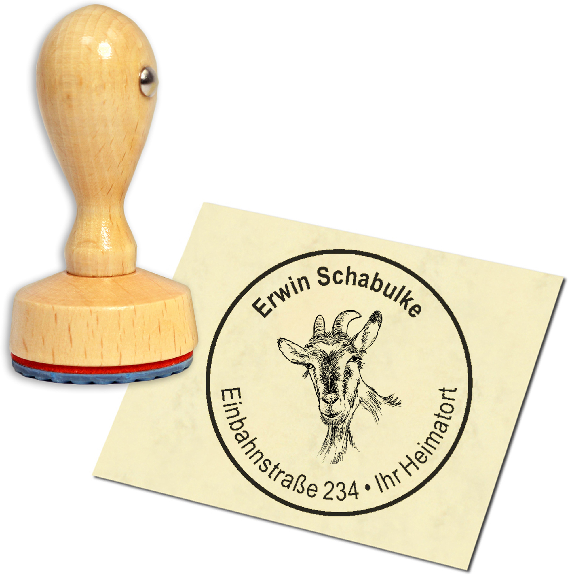 Stempel Adressstempel Holzstempel - Ziegenkopf - rund 40mm