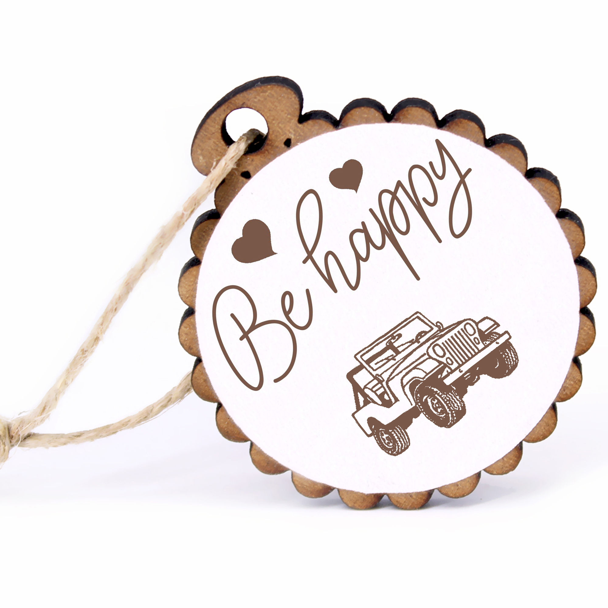 Geschenkanhänger - Be Happy Geländewagen -  Holz Ø-5cm - mit Juteband