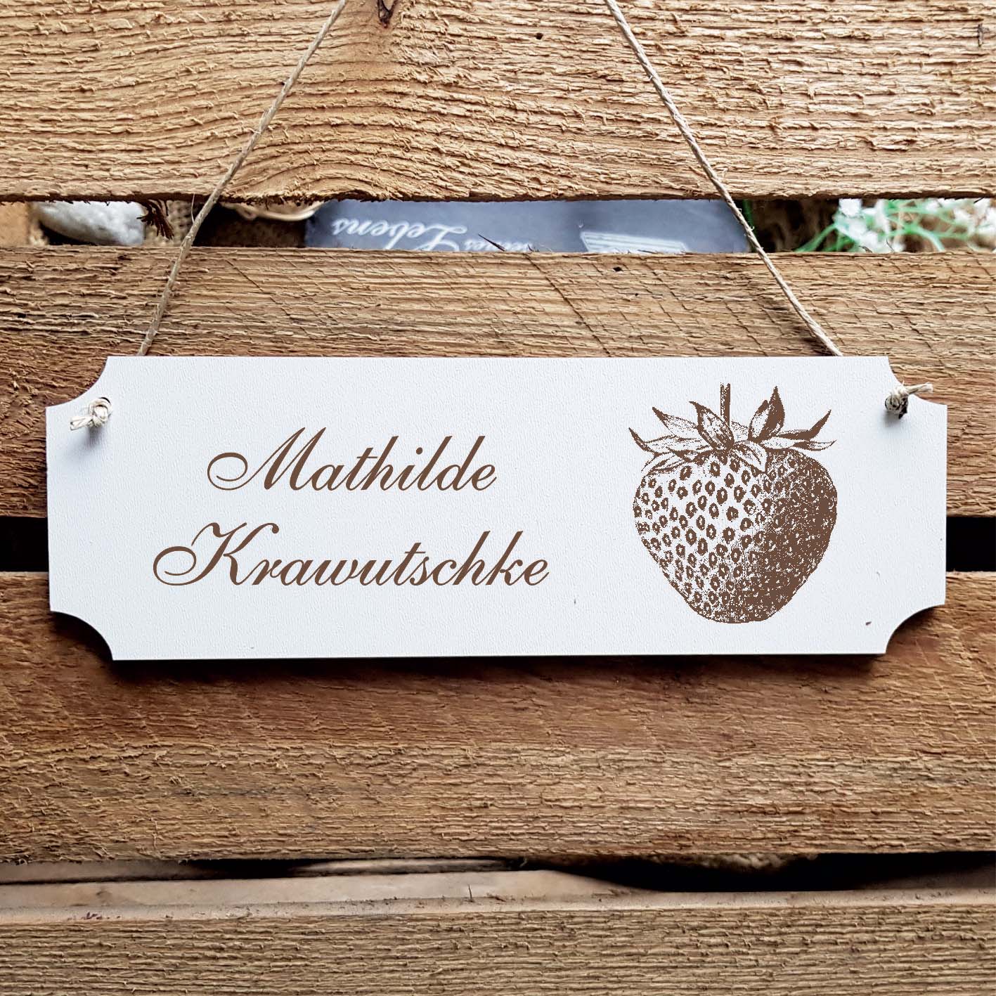 Schild « Erdbeere » Namensschild Türschild zum Anhängen - 20 x 6,7 cm