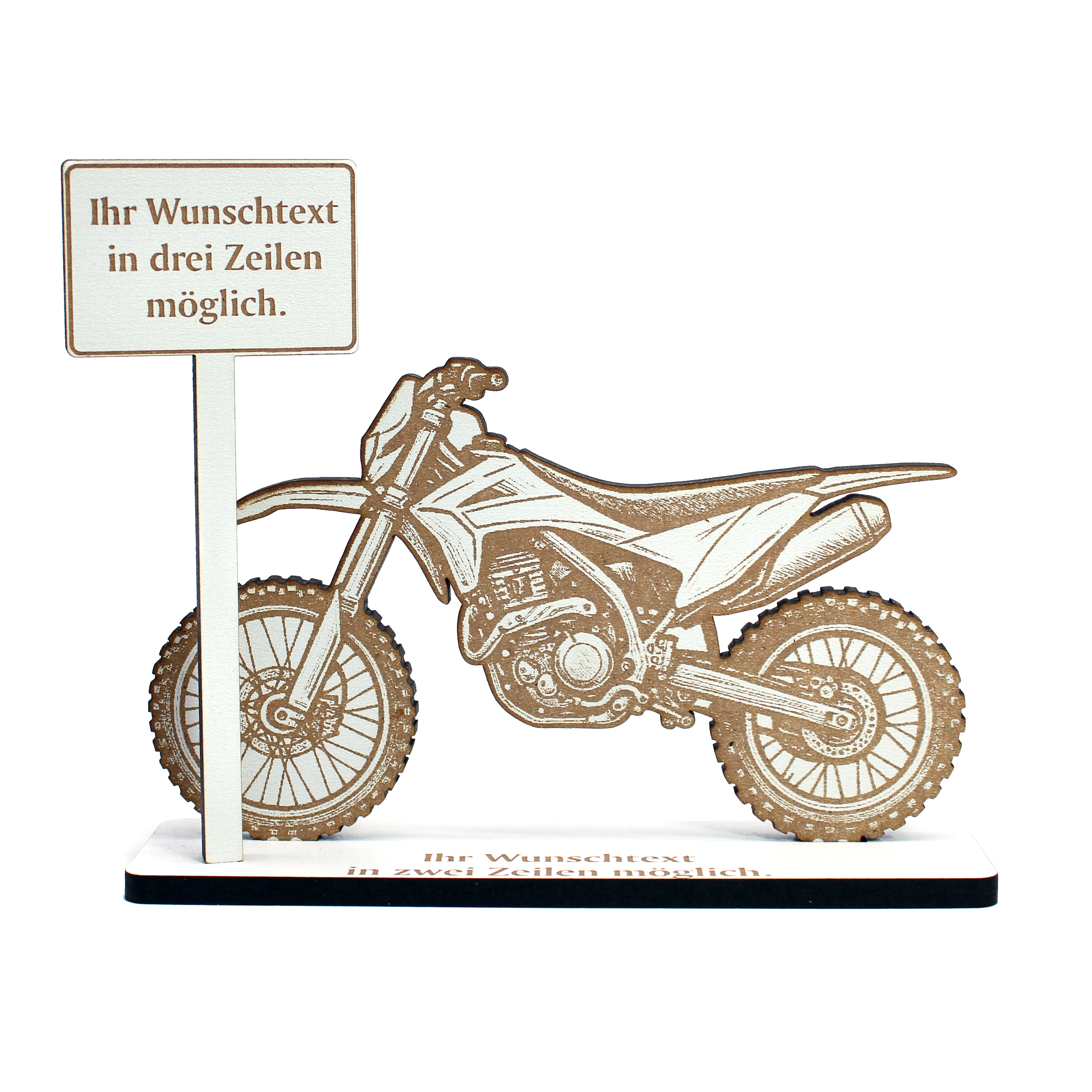 Geldgeschenk Aufsteller „Motocross“ – HDF Dekoaufsteller mit Crossbike & personalisierbarem Ortsschild – weiß mit brauner Gravur, 15×12 cm
