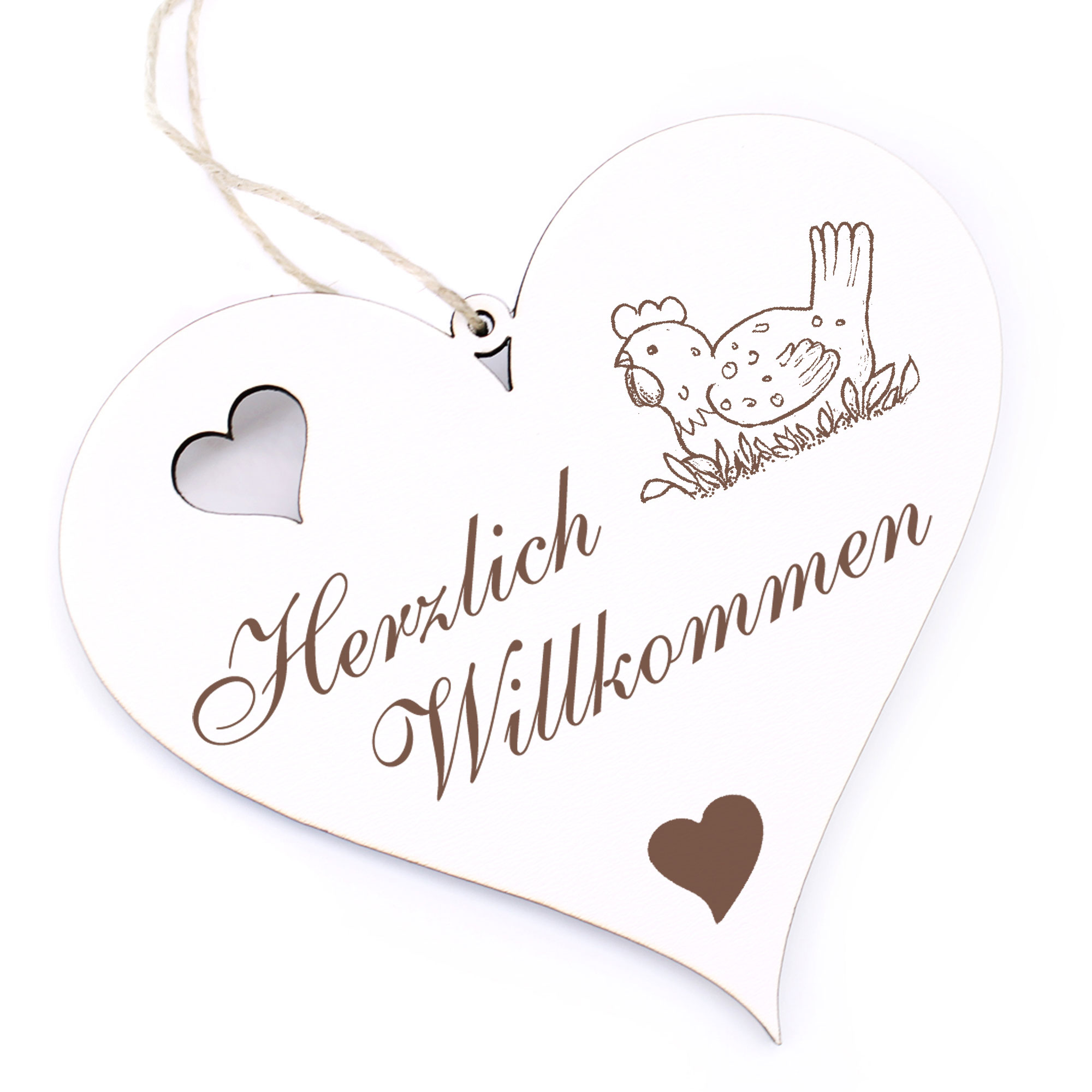 Herzlich Willkommen Schild - liegendes Huhn - Deko Herz Holz
