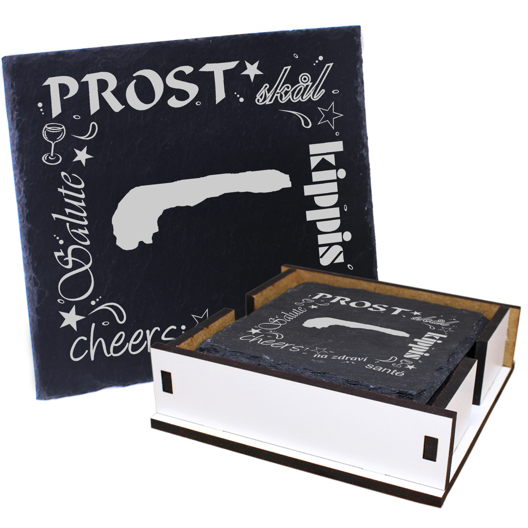 5 x Schiefer Untersetzer - Prost Insel Langeoog - inkl. Holzbox & Flaschenuntersetzer