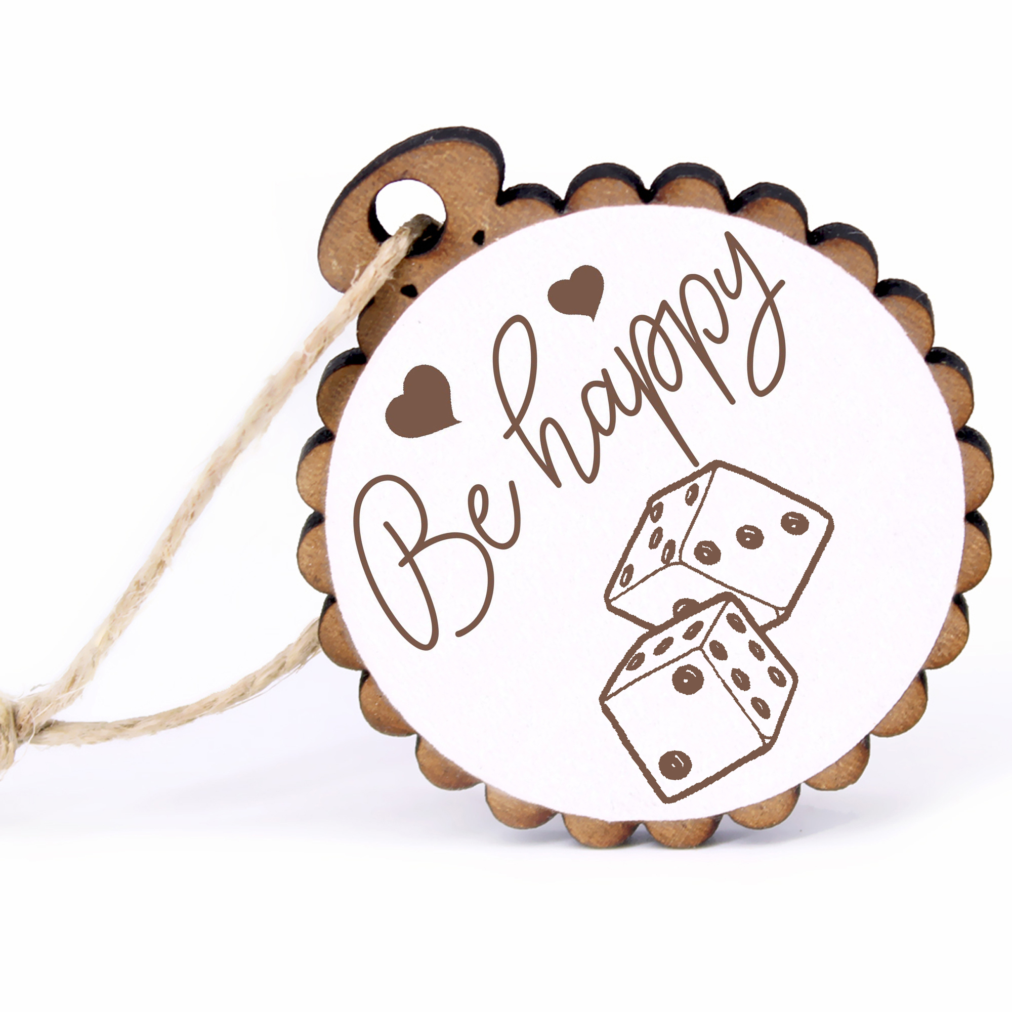 Geschenkanhänger - Be Happy Würfel -  Holz Ø-5cm - mit Juteband