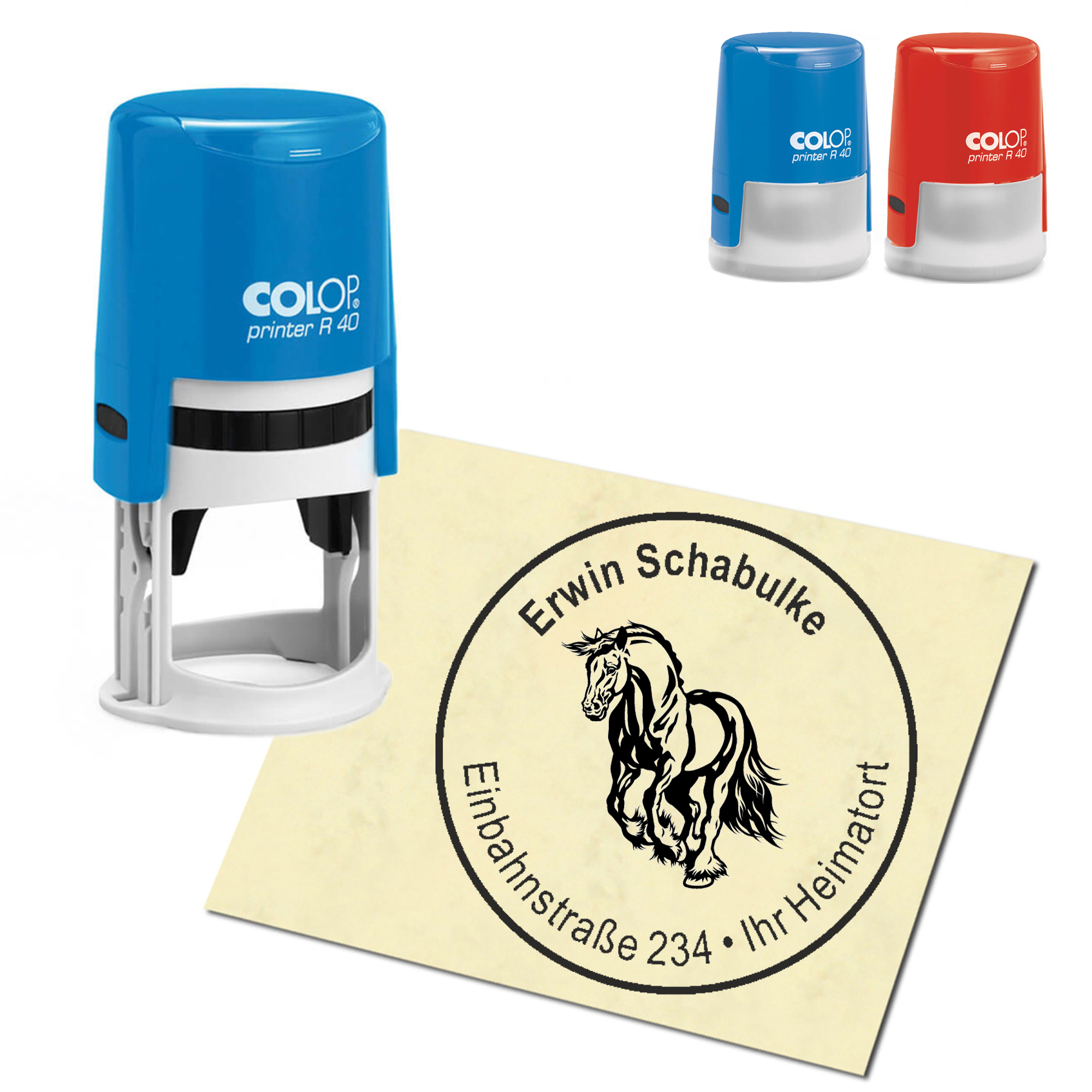 Stempel Adressstempel personalisiert - Friese Pferd - rund &empty; 40mm