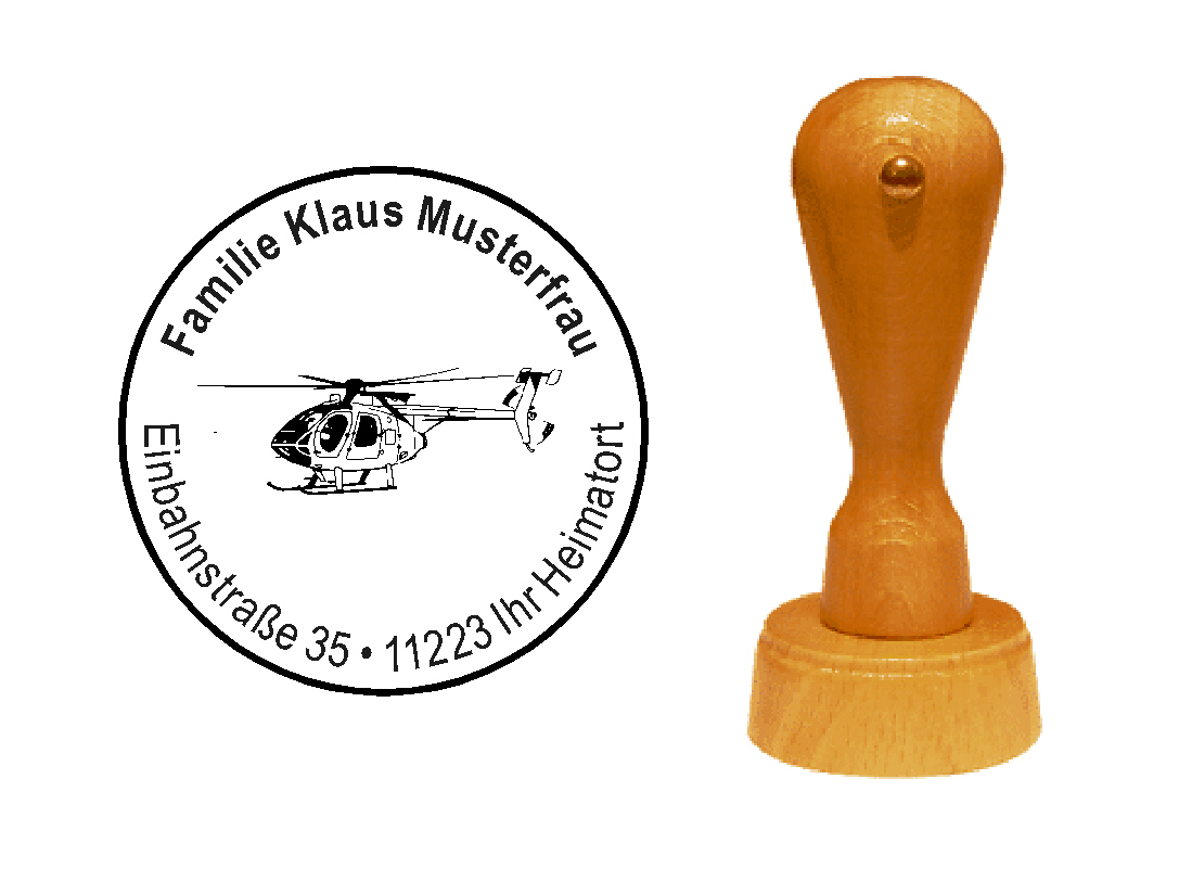 « Hubschrauber 2 » Holzstempel mit persönlichem Wunschtext