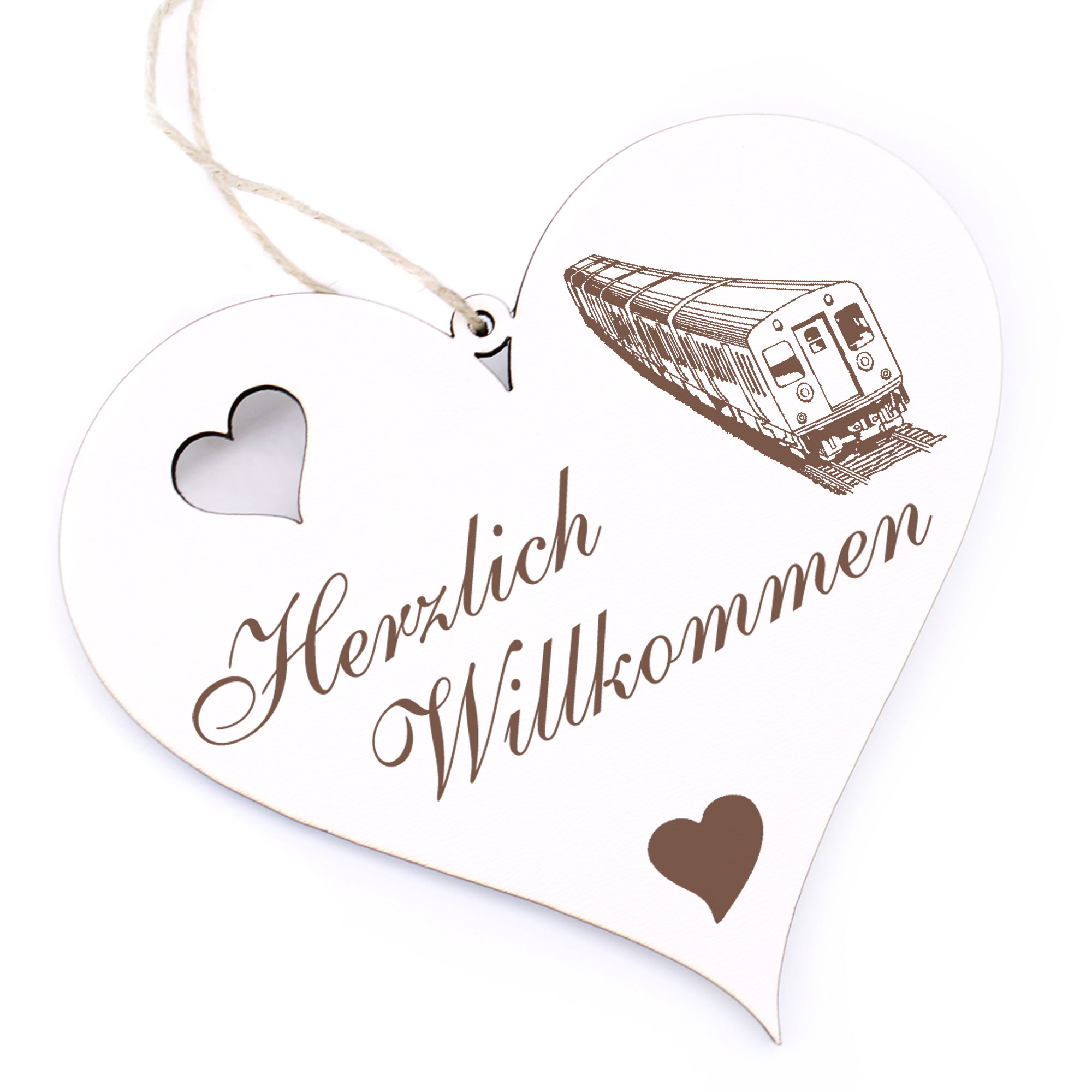 Herzlich Willkommen Schild - Strassenbahn - Deko Herz Holz