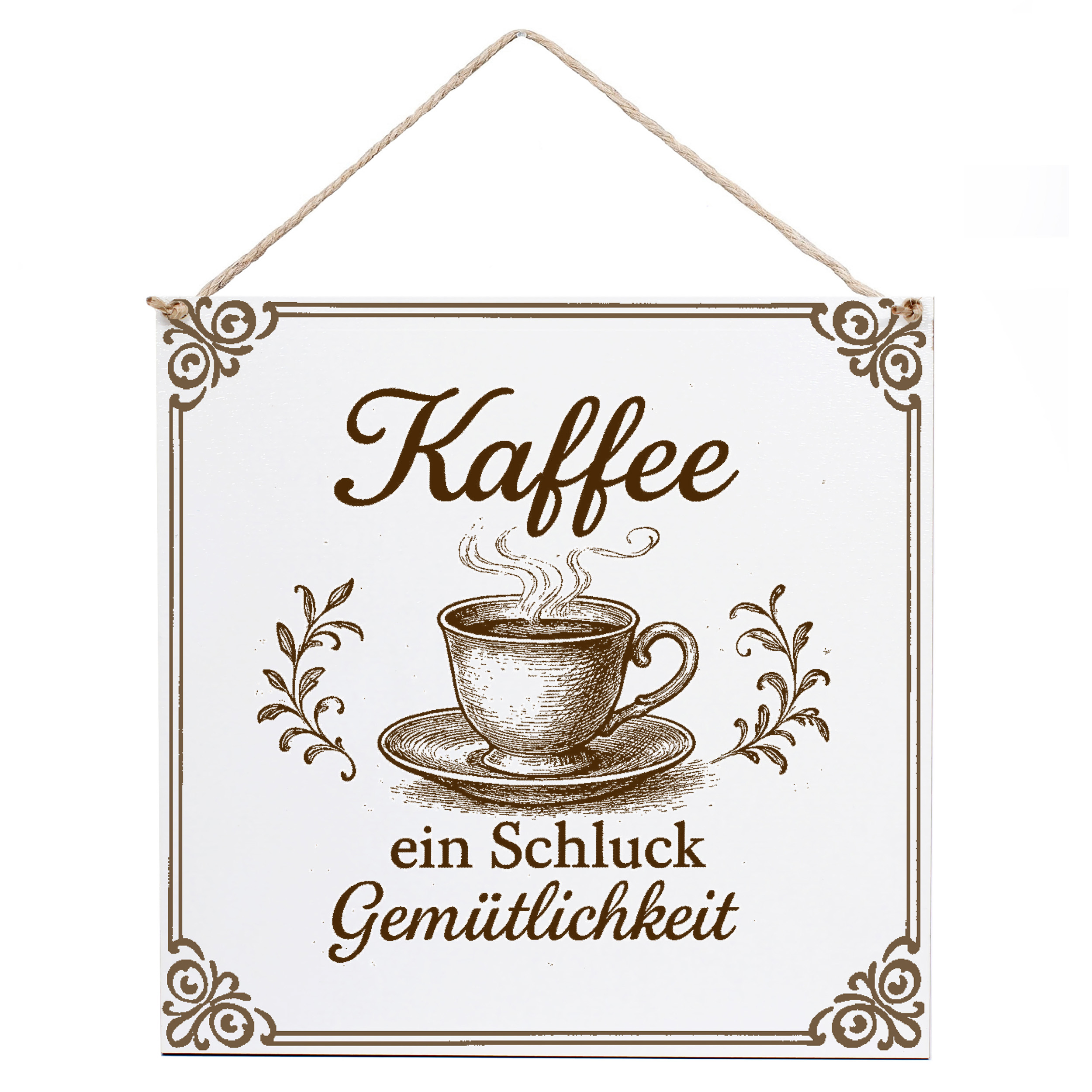 Dekoschild Kaffee ein Schluck Gemütlichkeit 15×15 cm aus weißem HDF – Graviertes Spruchschild