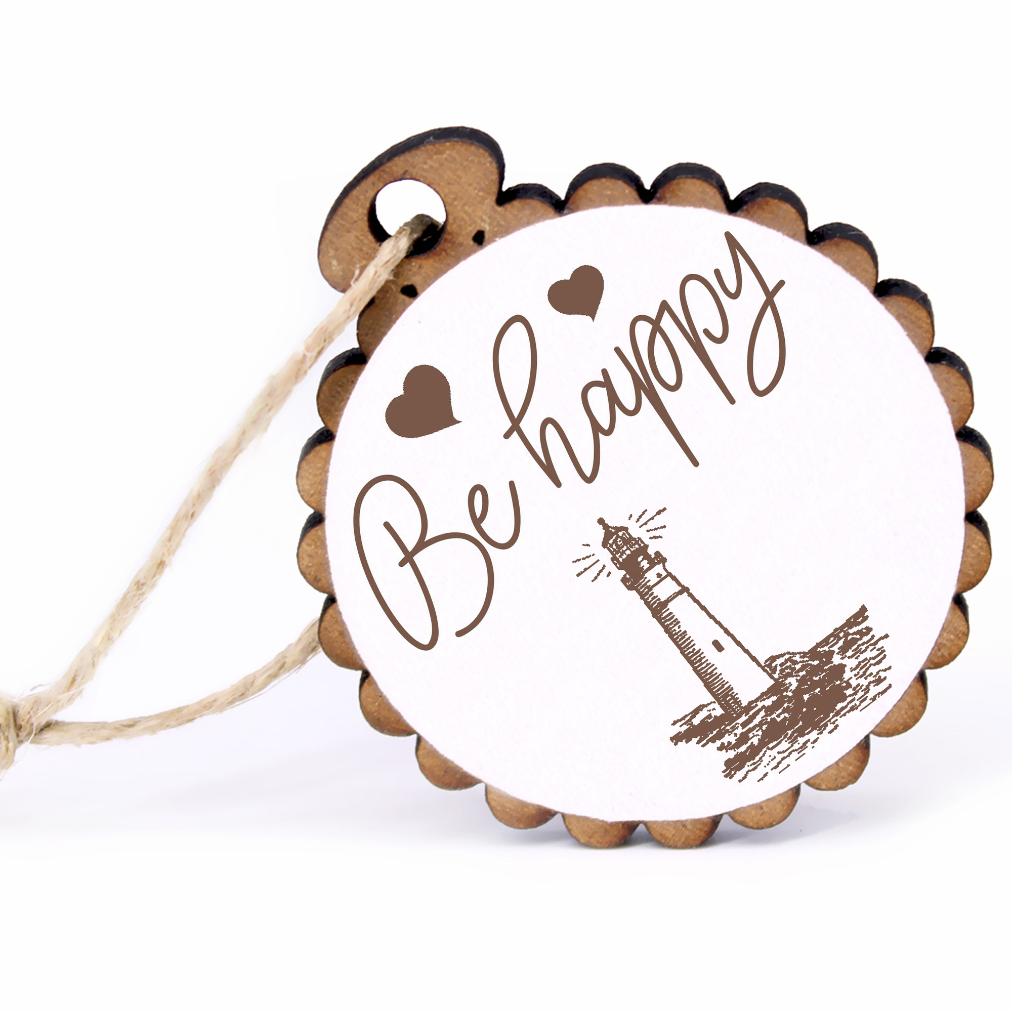 Geschenkanhänger - Be Happy Leuchtturm -  Holz Ø-5cm - mit Juteband