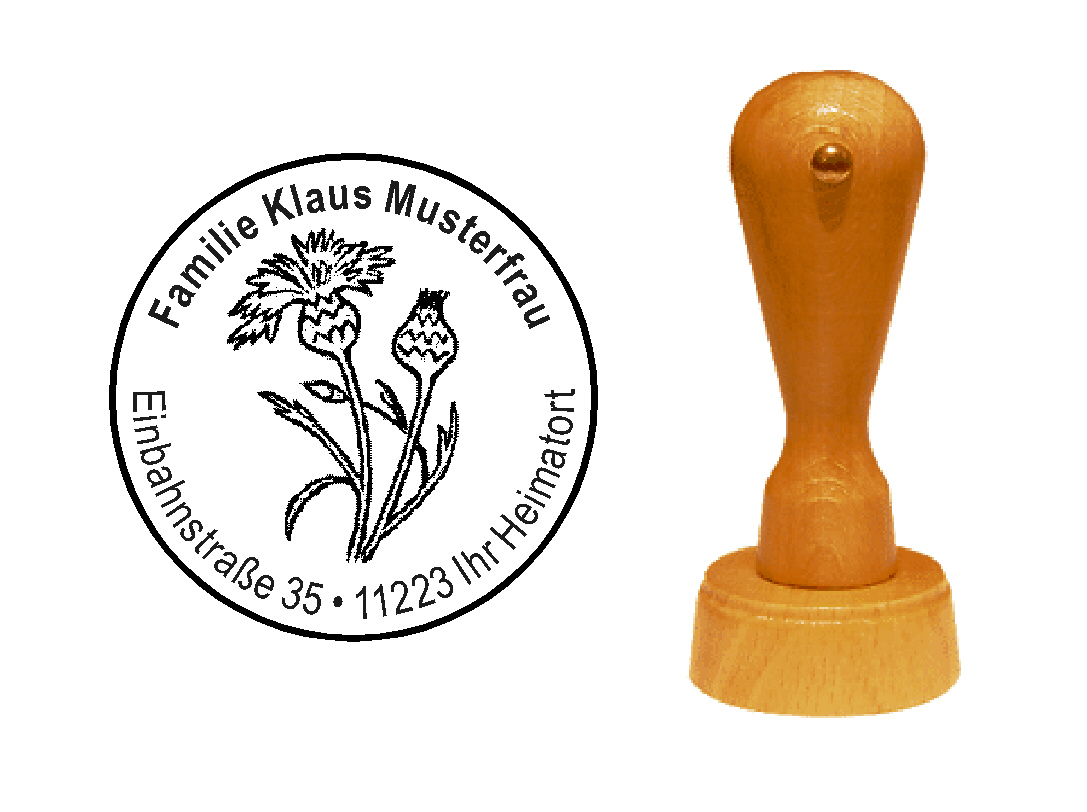 « Kornblume » Holzstempel mit persönlichem Wunschtext