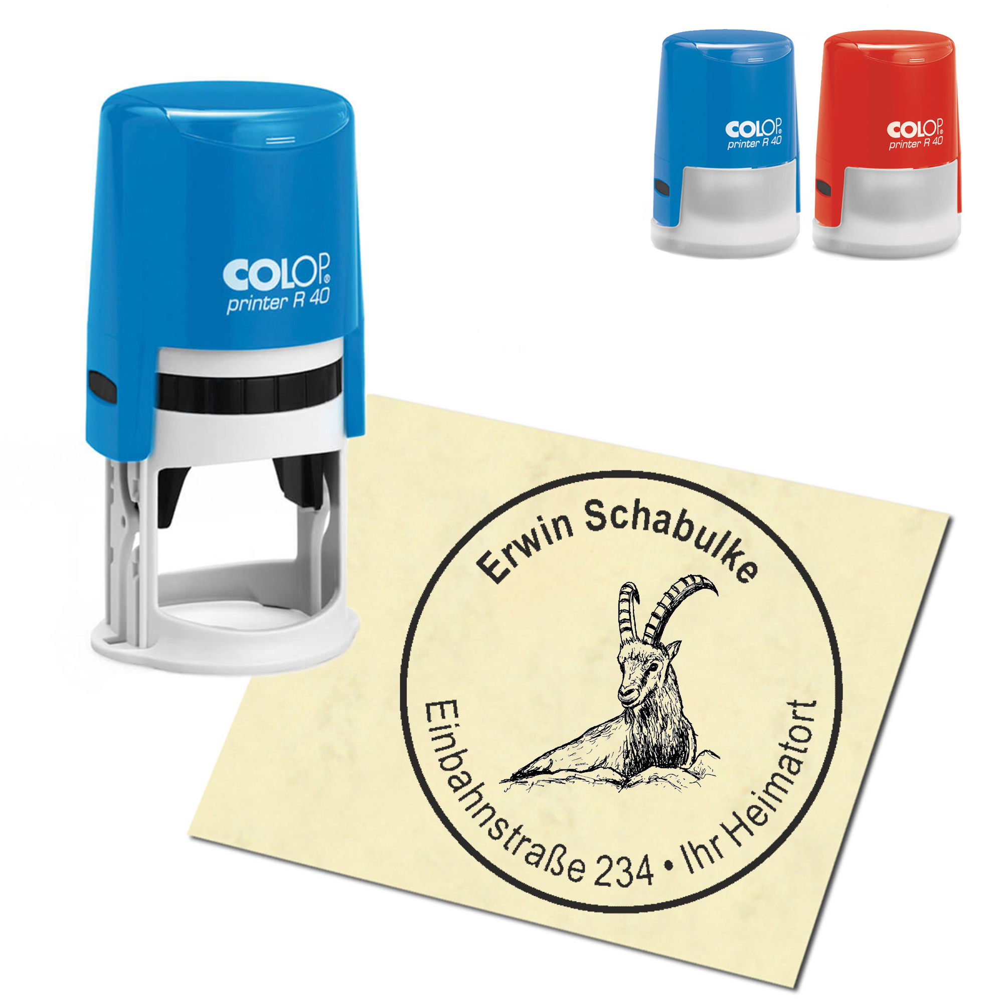 Stempel Adressstempel personalisiert - liegender Steinbock - rund &empty; 40mm