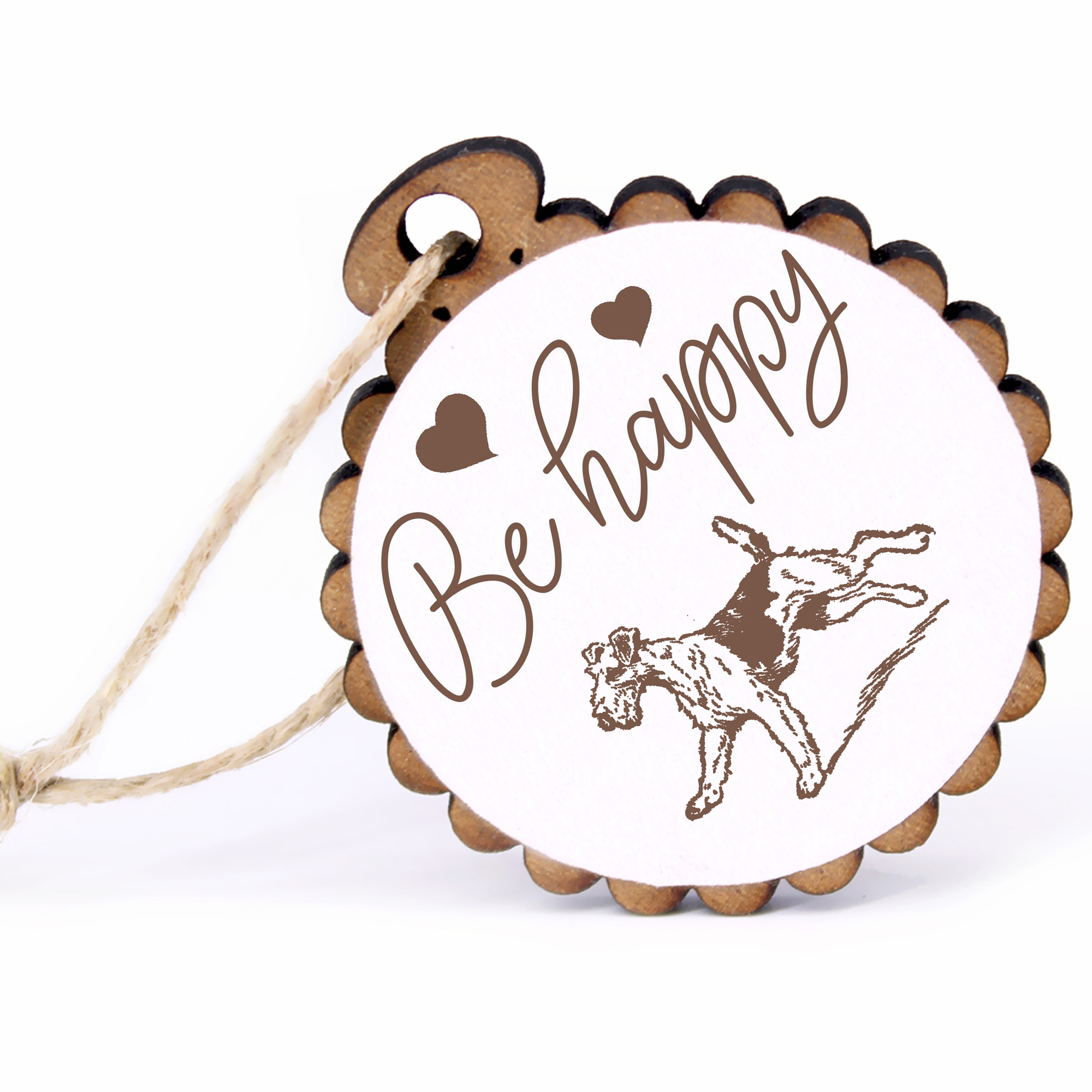 Geschenkanhänger - Be Happy Airedale Terrier -  Holz Ø-5cm - mit Juteband