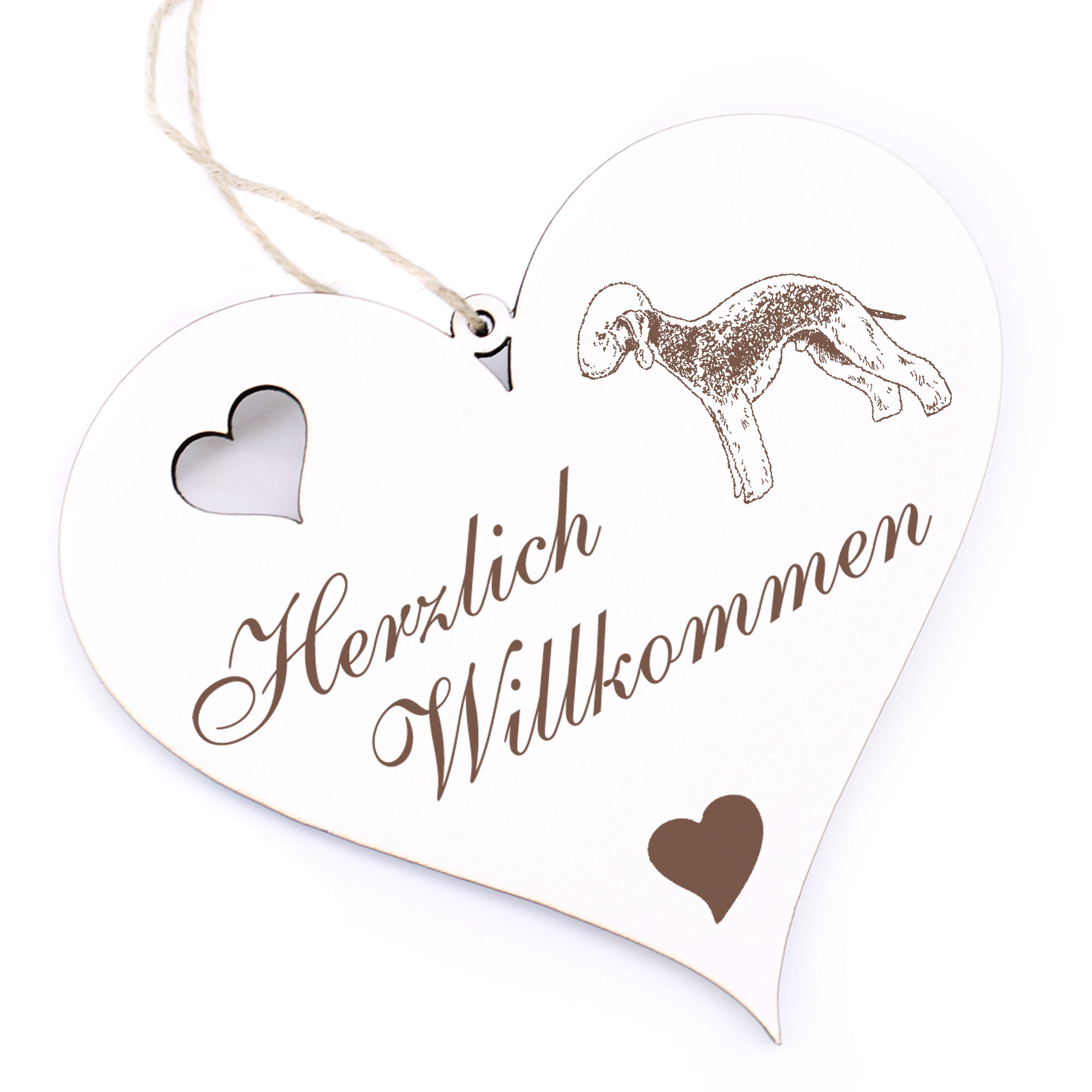 Herzlich Willkommen Schild - Bedlington Terrier - Deko Herz Holz