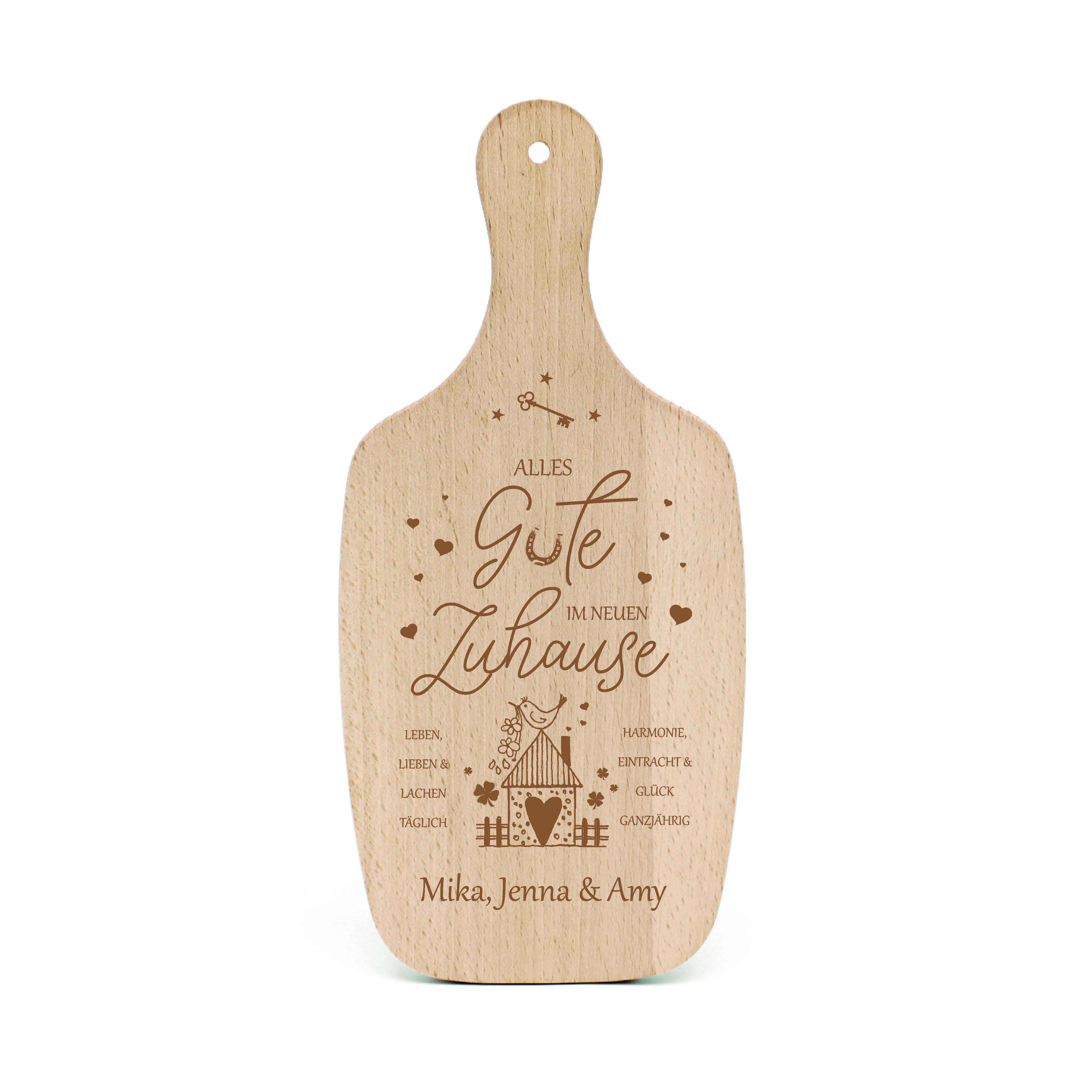 Geschenk zum Einzug Schneidebrett Gravur personalisiert Alles Gute im neuen Zuhause Neus Haus 34x15