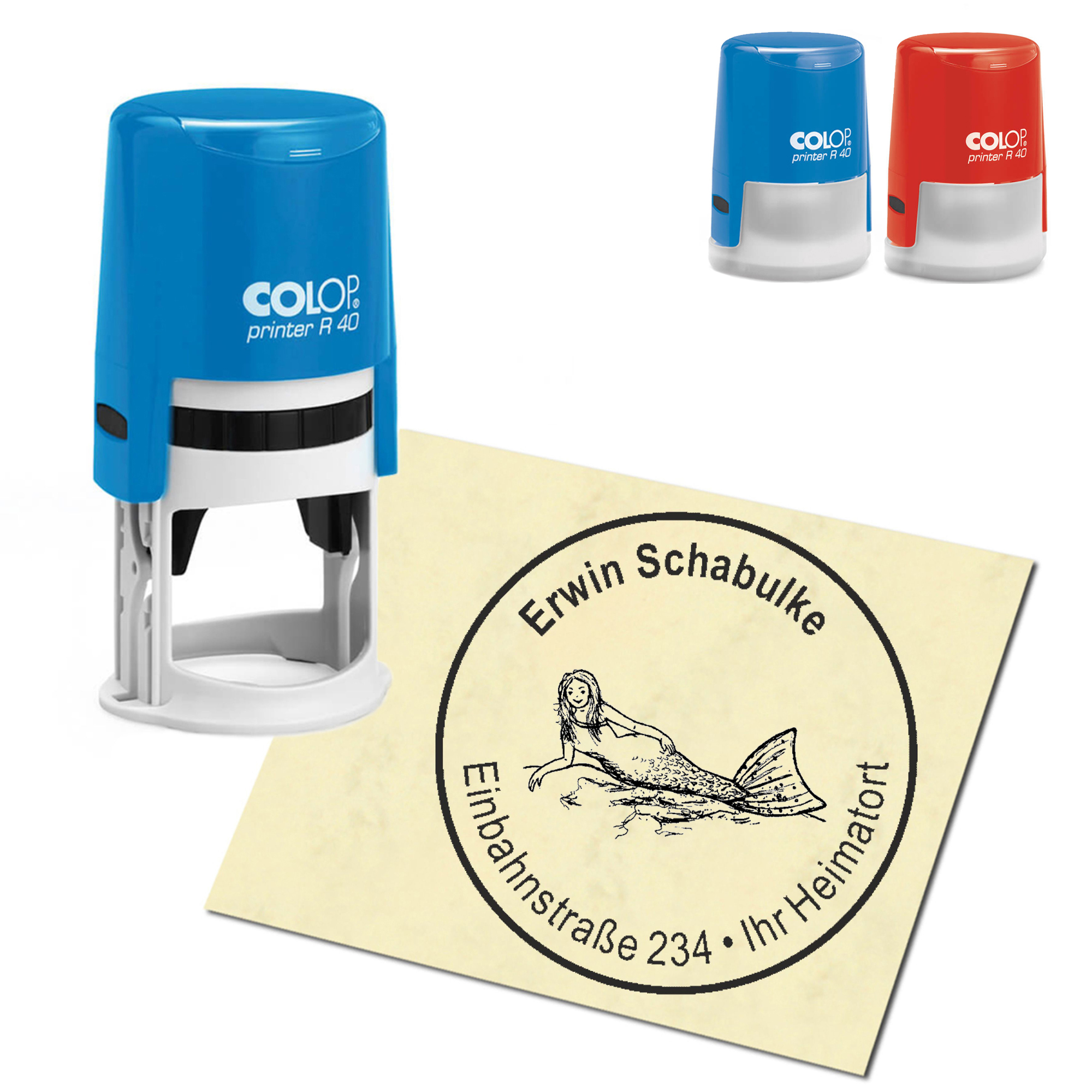 Stempel Adressstempel personalisiert - liegende Meerjungfrau - rund &empty; 40mm