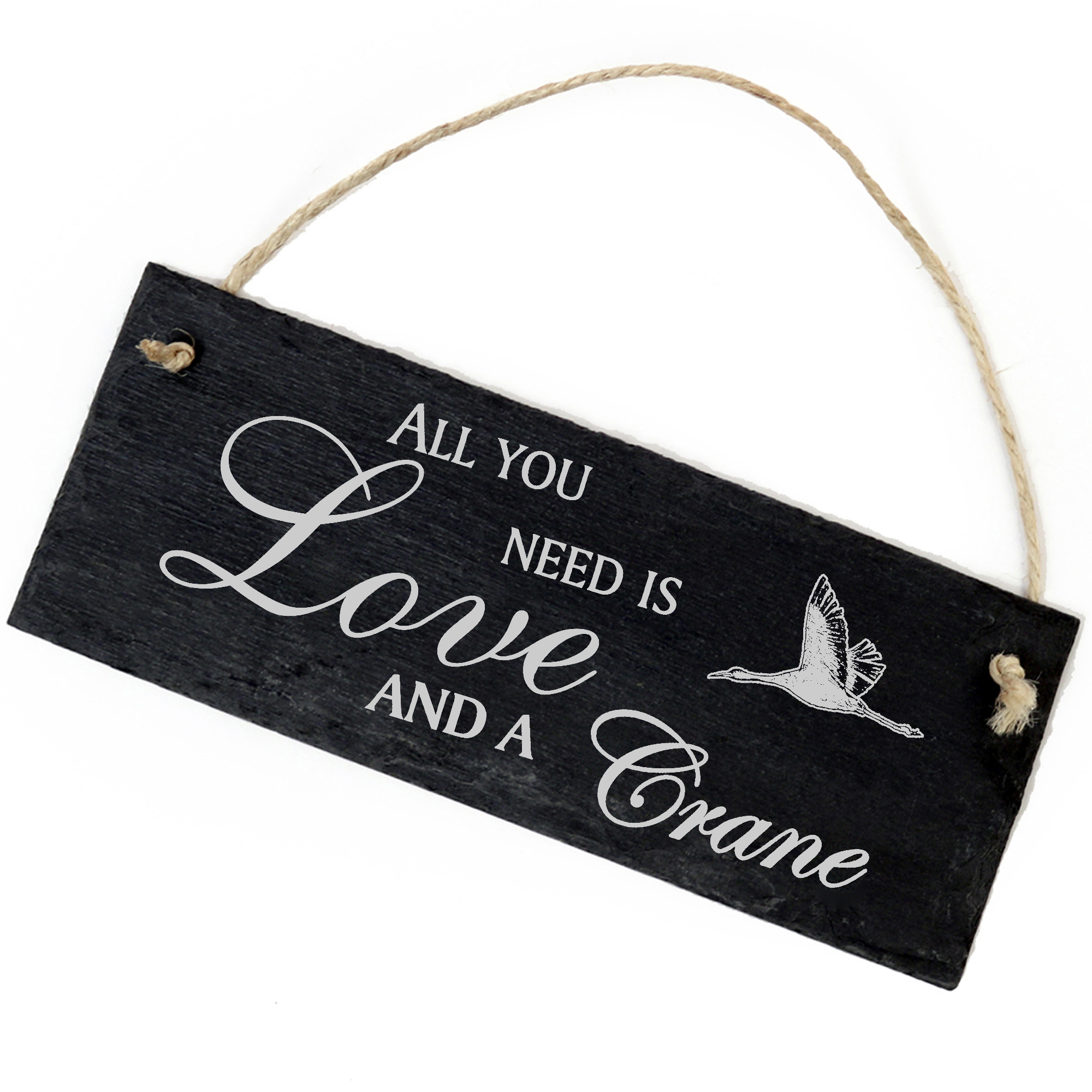 Schiefertafel Deko fliegender Kranich Schild 22 x 8 cm - All you need is Love and a Crane