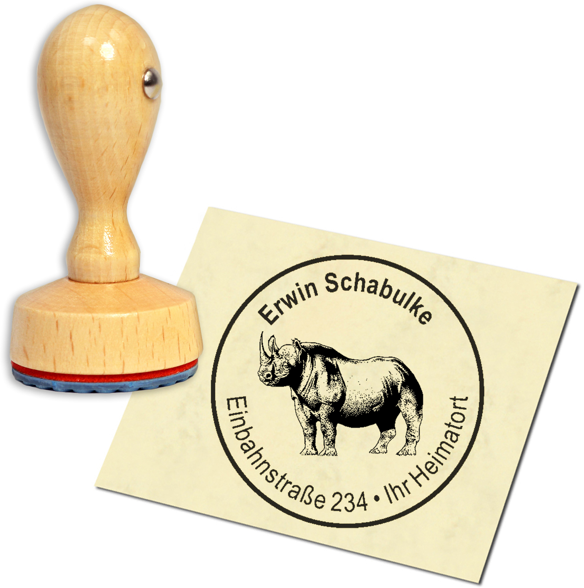 Stempel Adressstempel Holzstempel - Nashorn - rund 40mm
