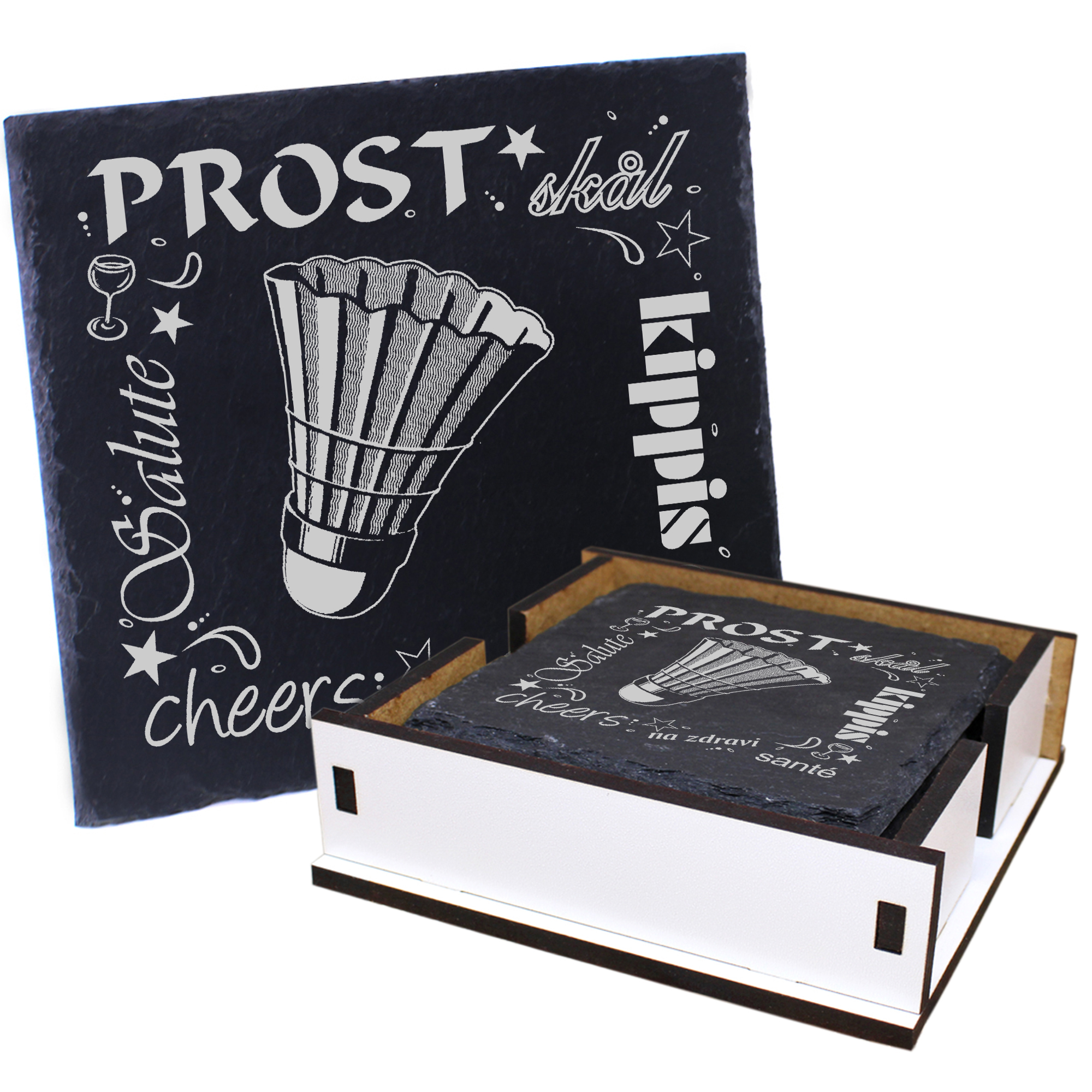 5 x Schiefer Untersetzer - Prost Badminton - inkl. Holzbox & Flaschenuntersetzer