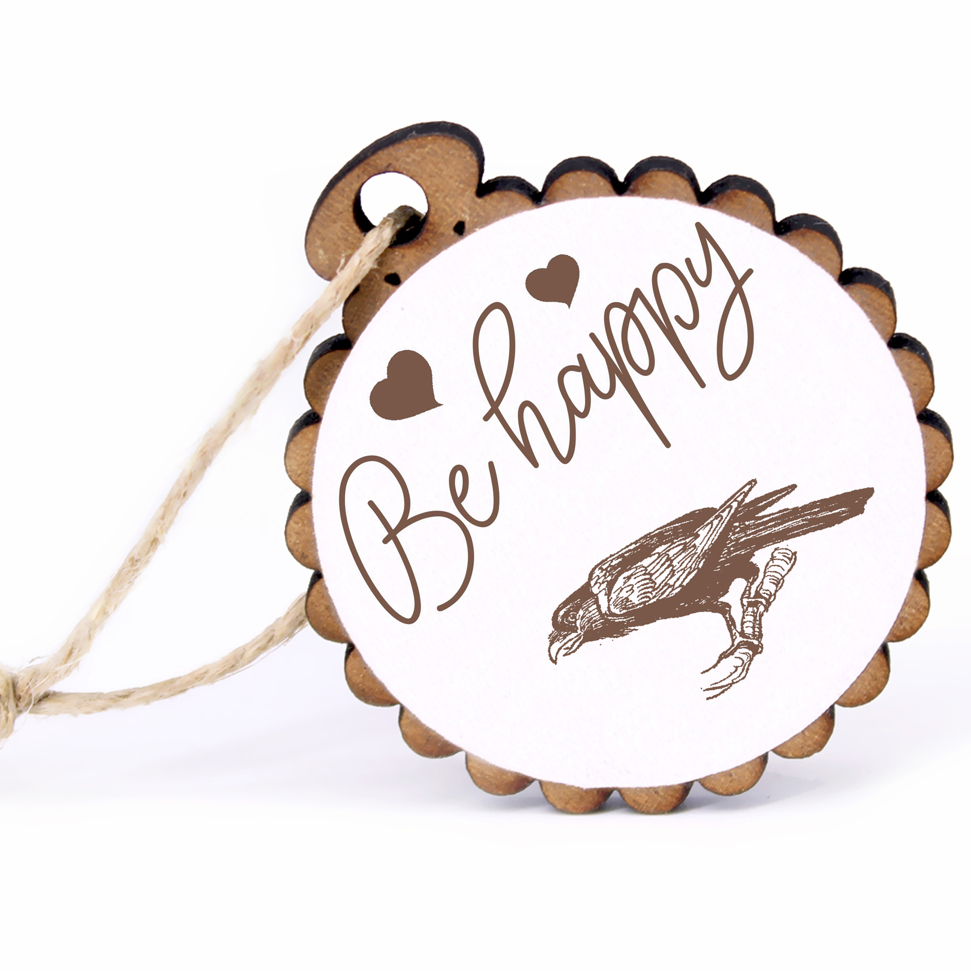Geschenkanhänger - Be Happy Rabe -  Holz Ø-5cm - mit Juteband