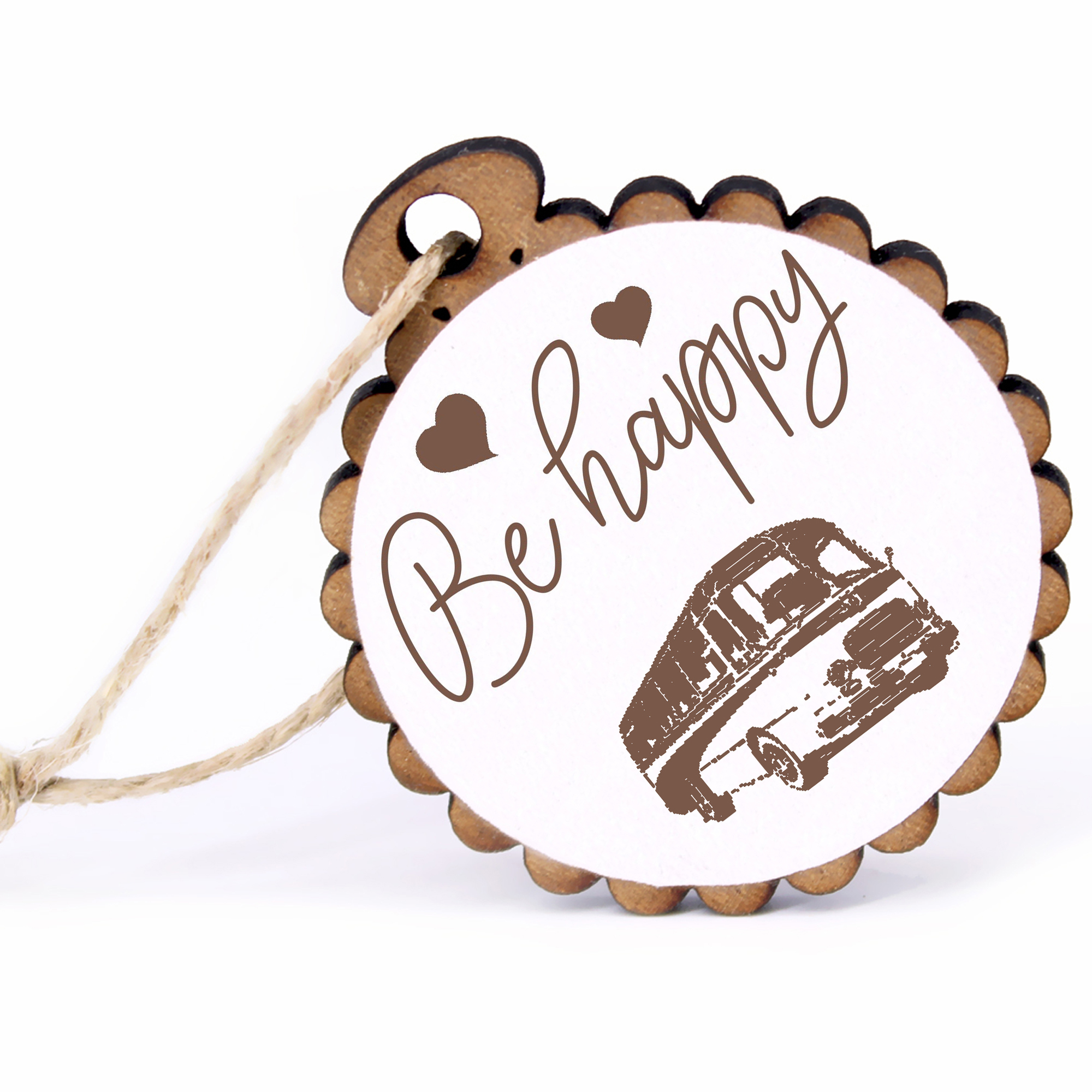 Geschenkanhänger - Be Happy alter Bus -  Holz Ø-5cm - mit Juteband