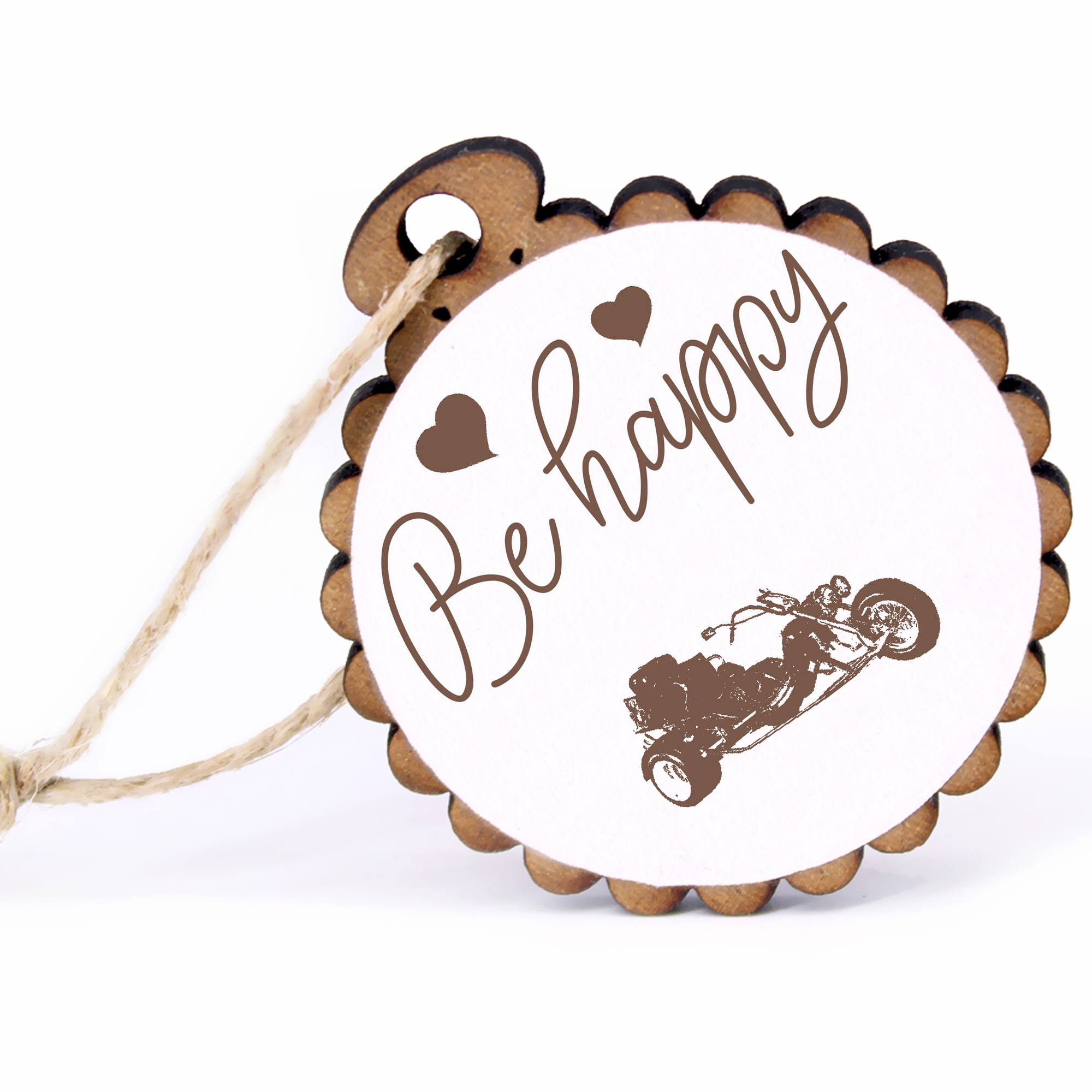 Geschenkanhänger - Be Happy Trike -  Holz Ø-5cm - mit Juteband