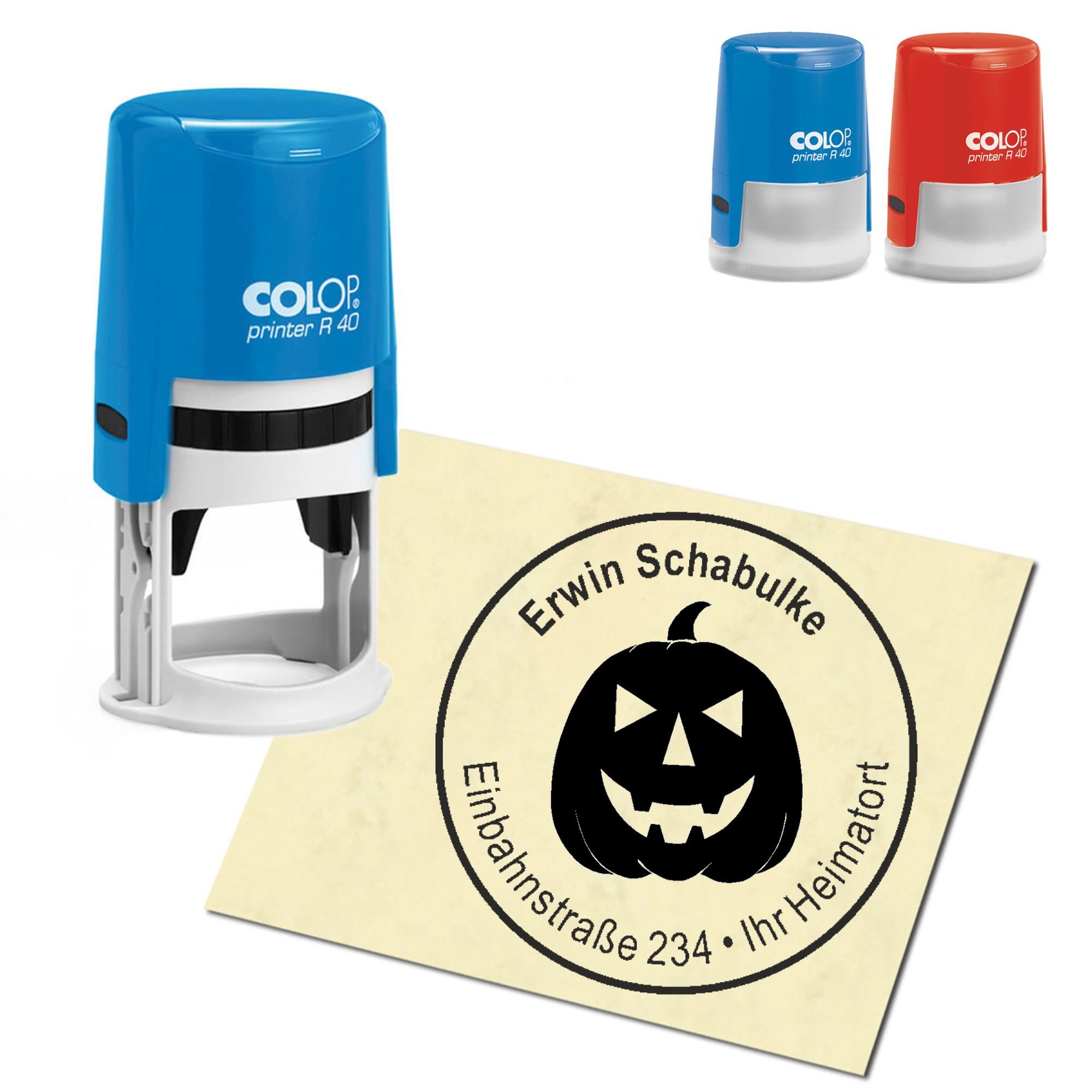 Stempel Adressstempel personalisiert - Halloween Kürbiskopf - rund &empty; 40mm